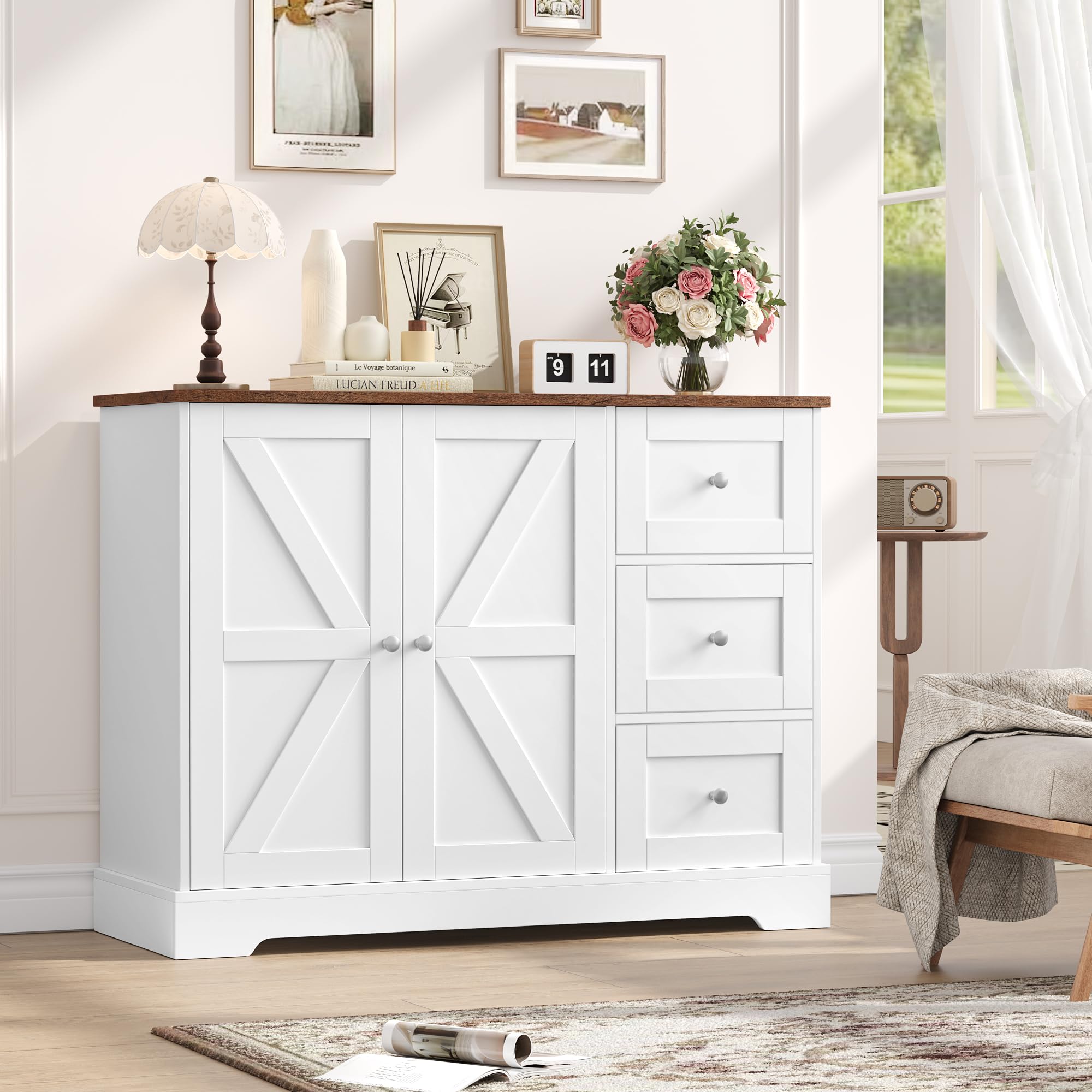 HOCSOK Credenza Cucina, Mobiletto con 3 cassetti e Ripiani, Multiuso Mobile Cucina Salvaspazio, Armadio di Stoccaggio Legno per Cucina, Soggiorno, Sala da Pranzo, Bianco e Marrone, 40x105x81cm | Armadio buffet con piani di lavoro per cucina, sala da pranz