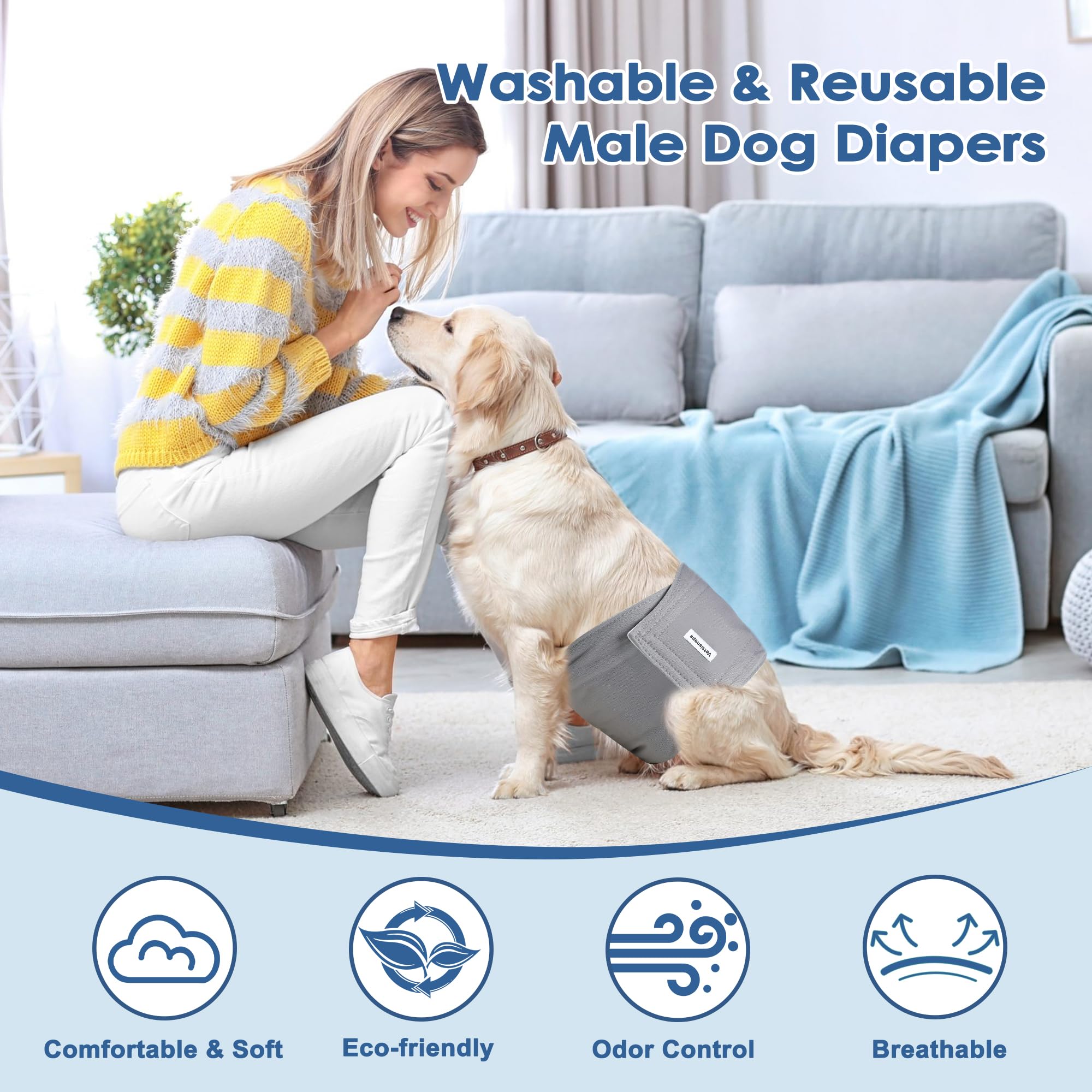 Paquete de 5 pañales reutilizables para perros machos, lavables para perros machos grandes, alta absorción, para cachorros y perros, talla L