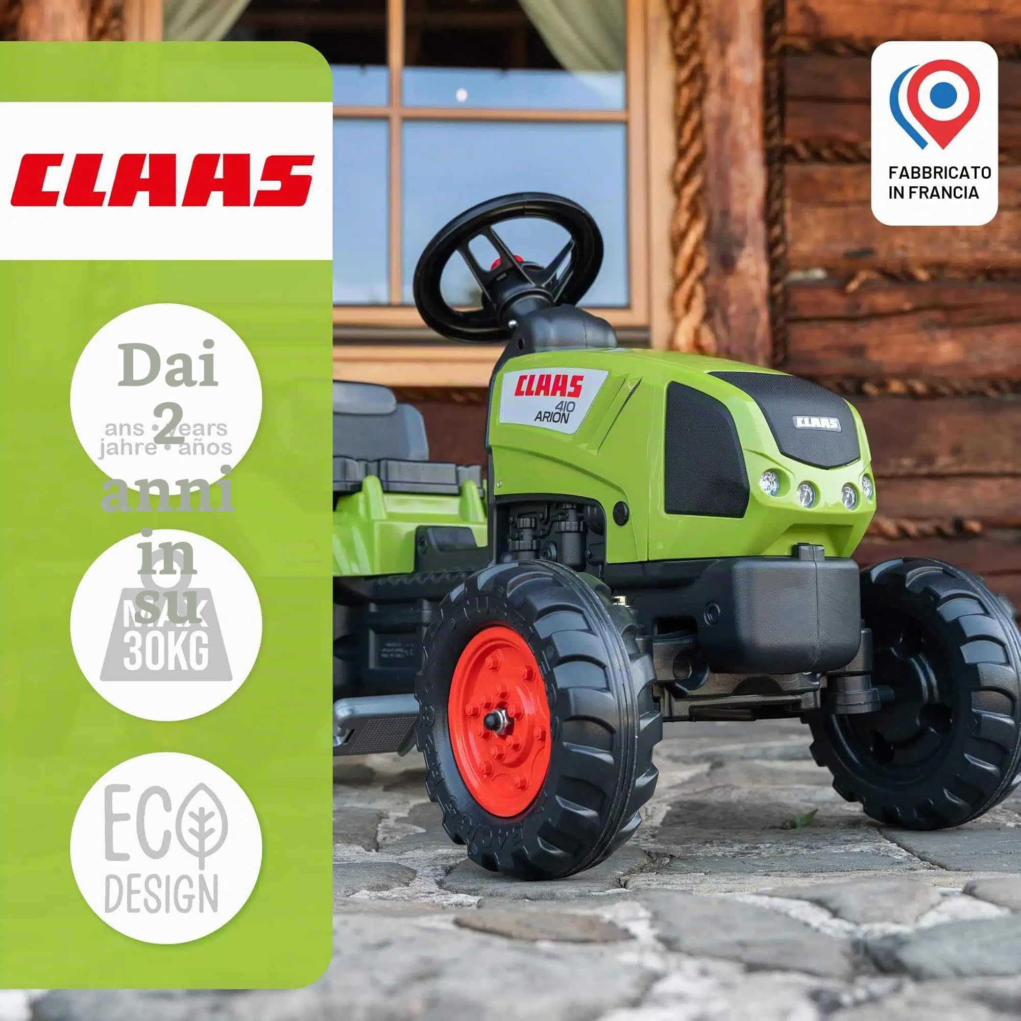 Falk - Trattore a Pedali con rimorchio Claas - da 2 Anni - Made in France - Volante con clacson - 2040A