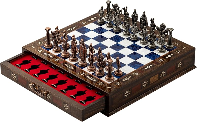 15-Inch Handmade Wooden Chess Set, Metal Pieces & Storage, Blue | Handcrafted Luxury Chess Board for Adults