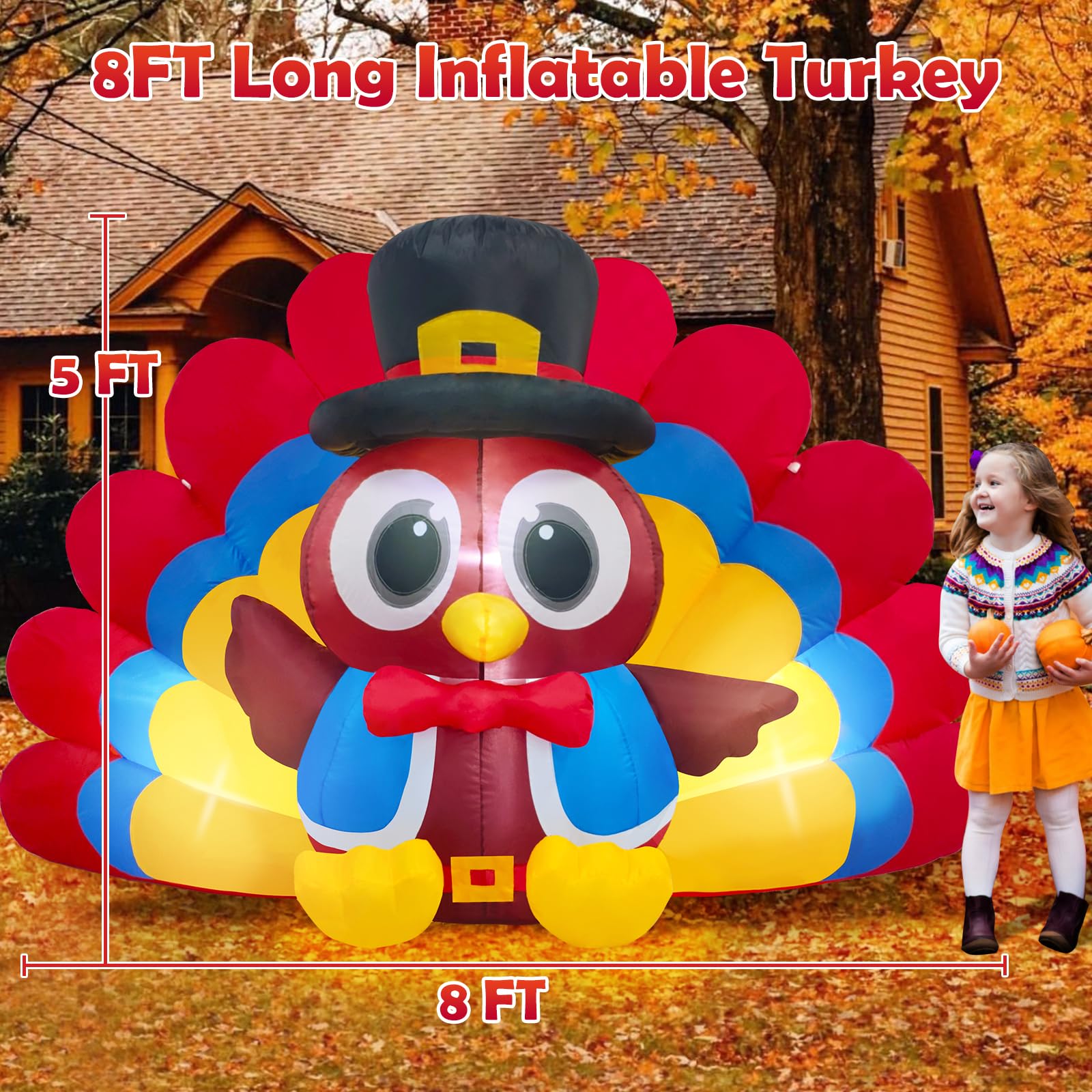 Danxilu 8 FT Long Inflatable Turkey Thanksgiving Outdoor Decorations with Colorful Big Tail & Pilgrim Hat Built-in LED Lights Blow up Yard Decoration for Garden Lawn Fall Holiday Decor(5FT Tall)