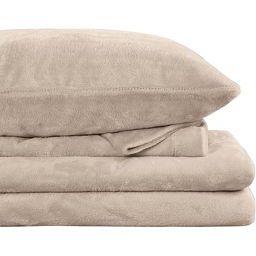 Viviland Plush Micro Fleece Bed Sheet Set - Soft Fuzzy Polar Fleece Velour Velvet Sheets - Extra Warm Winter Fleece Bed Sheets with 15" Deep Pocket - Sand/Beige - King