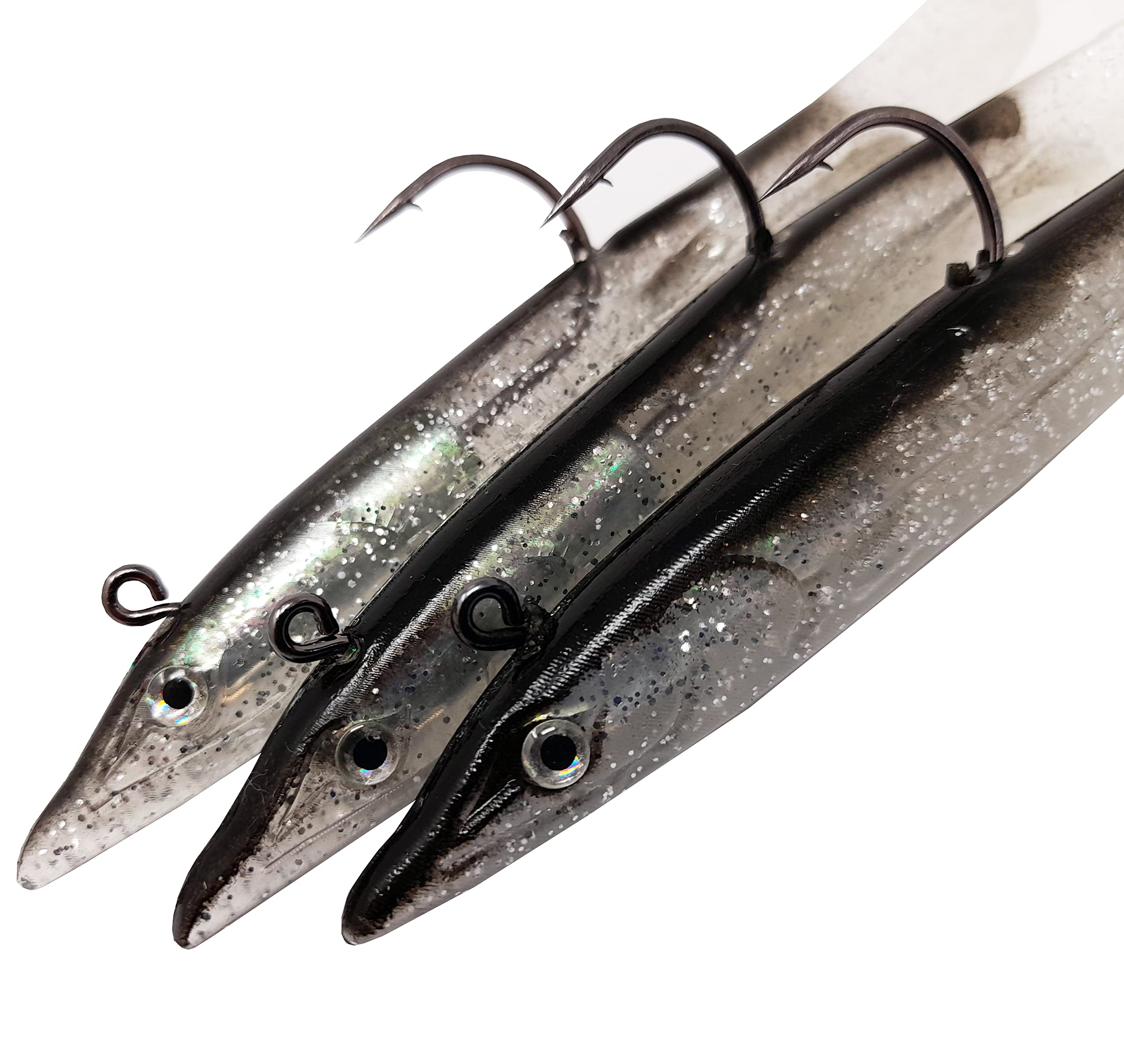 FLADEN Fishing - 3 Pack x 20cm Portland Sandeels Paddle Tail Weighted Softbait 20g Imitation Sea Lures - Size 3/0 Underbelly Hook (Black/Silver) [17-112027]