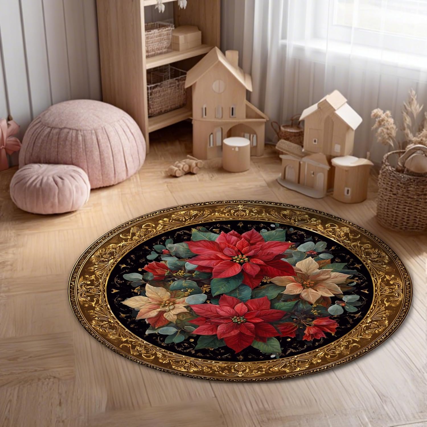 Poinsettia Area Rug, Christmas Elegant Floral Leaves Christmas Red Low Pile Sponge Home Indoor Doormat Accents Rug Non Shedding Bathroom Entryway Kitchen Bedside Decor 4' X 4'