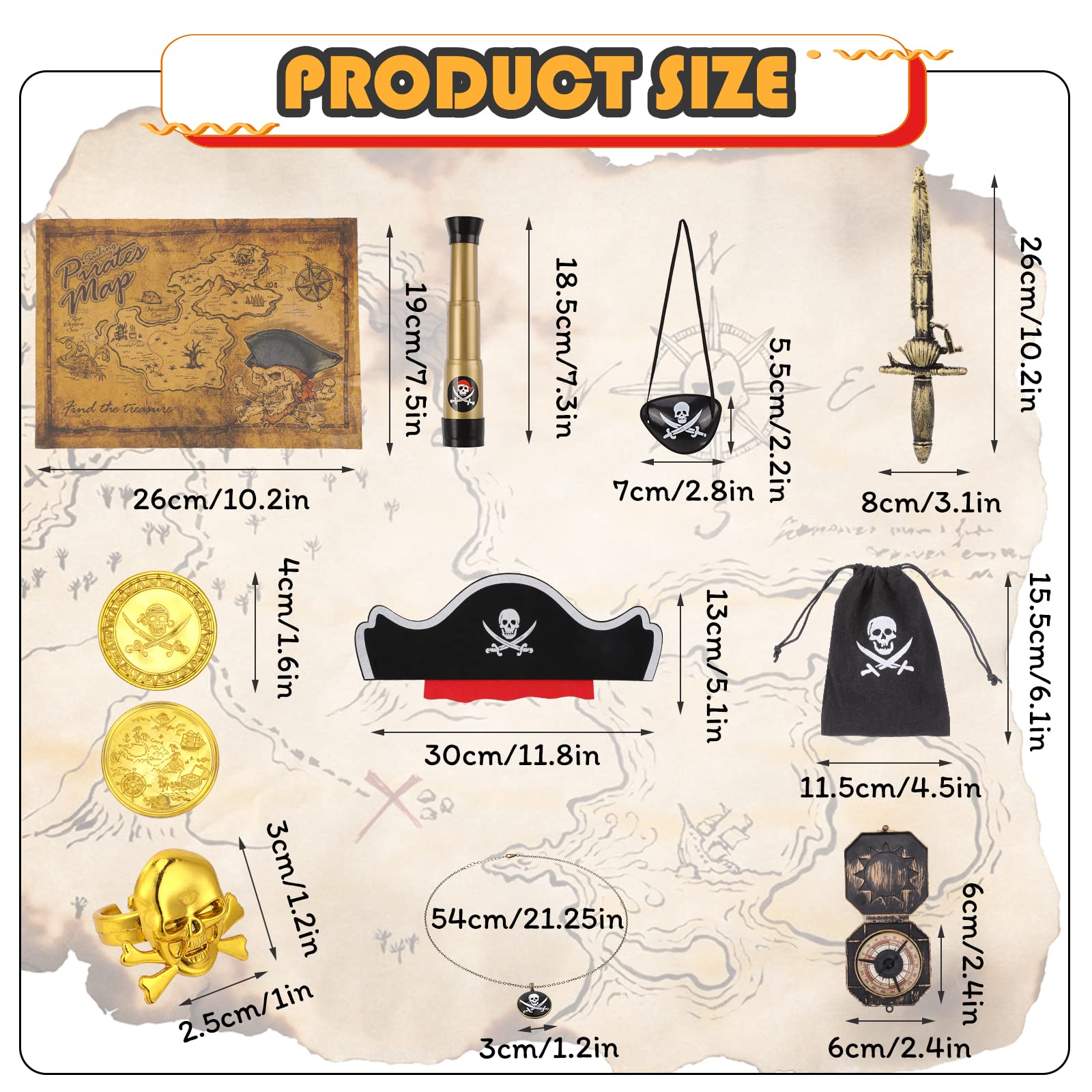 29 sztuk akcesoria do kostiumów piratów, kapeluszy, naszywki, motyw pirackiego oka kompasu, naszyjnika, monety, mapa, kostium kapitana pirata, na karnawał dla chłopców, dziewcząt
