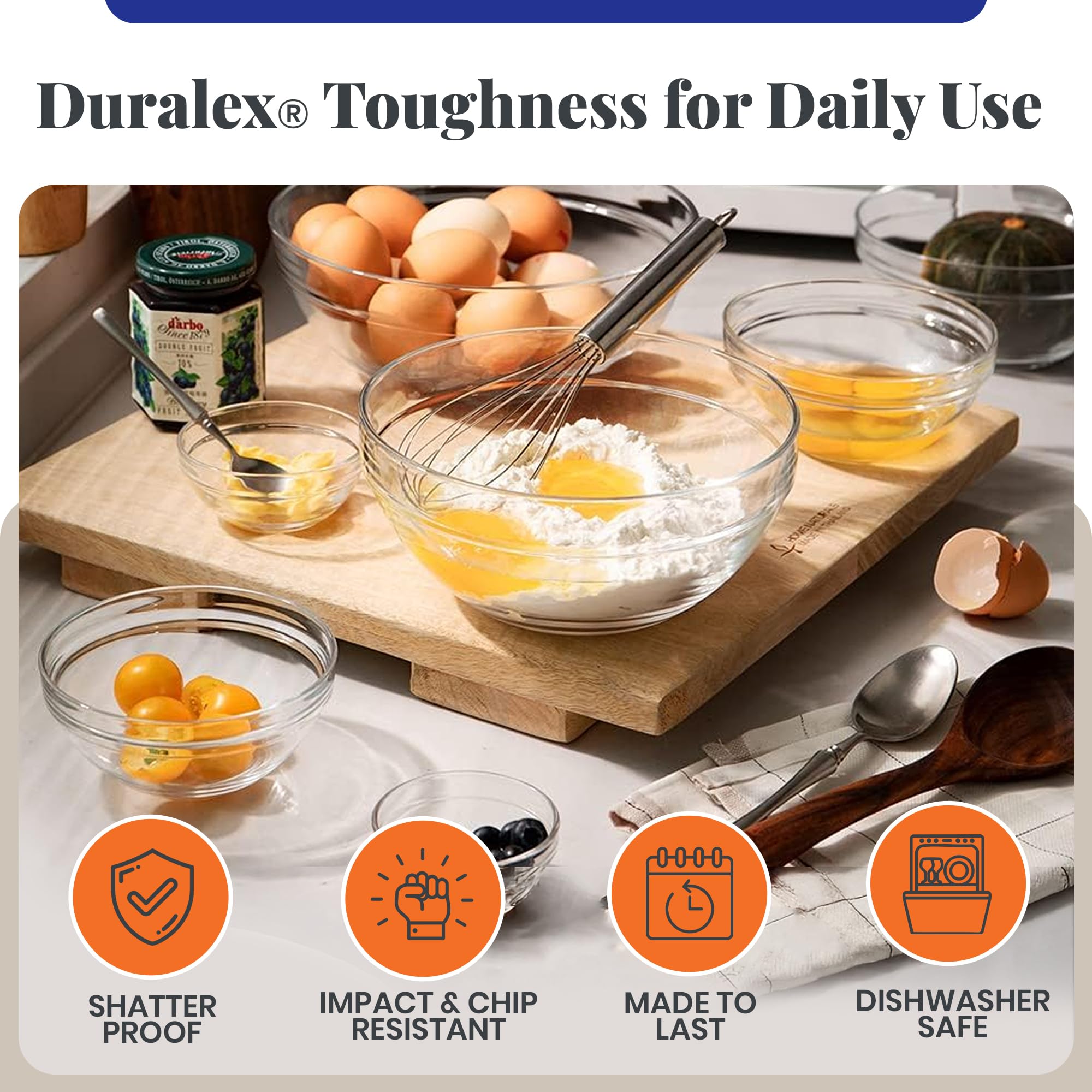 Duralex Gigogne Stackable Glass Mixing Bowl Set, 9 Piece