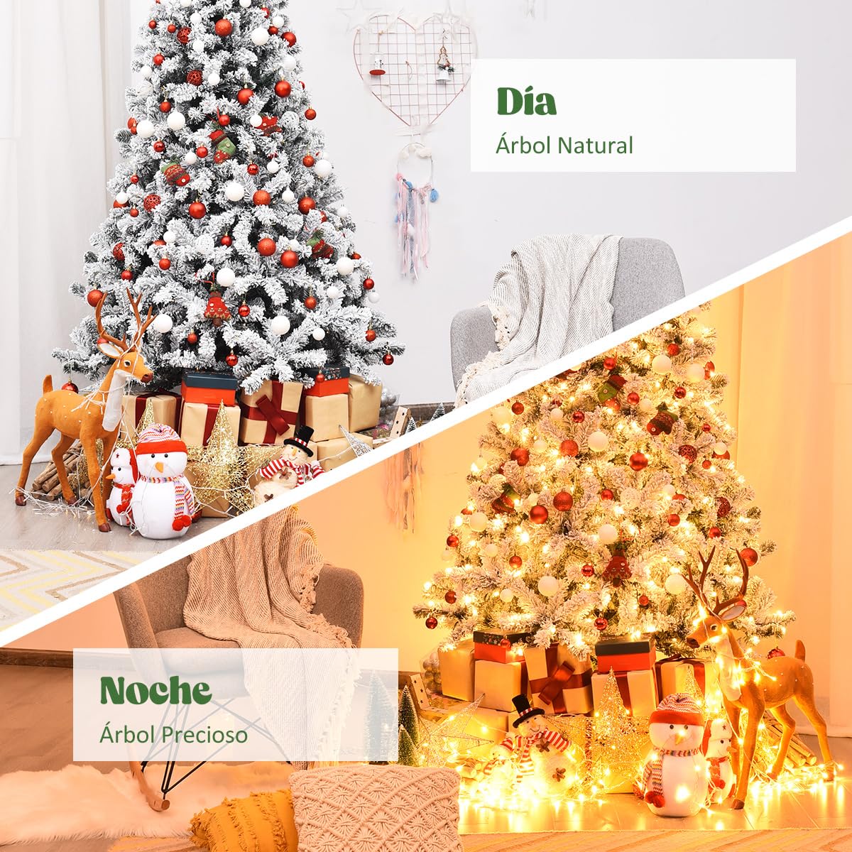 RELAX4LIFE Árbol de Navidad Nevado de PVC Ignífugo con 250/450 Luces LED Cálidas, Árbol de Navidad con Nieve, Base de Metal, Arvore de Natal Automático para Casa/Oficina/Tienda (225cm, 1010 Ramas)