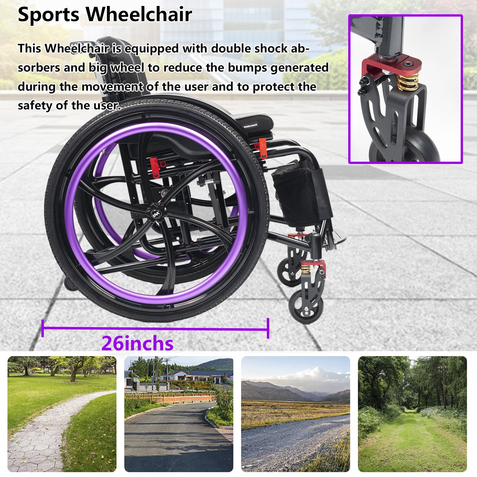 Silla de Ruedas Deportiva, Manual, Plegable, Transporte, Silla de Ruedas de Aluminio Ultraligera, Frenos manuales, Antivuelco(42cm/16.5 Seat,Purple)