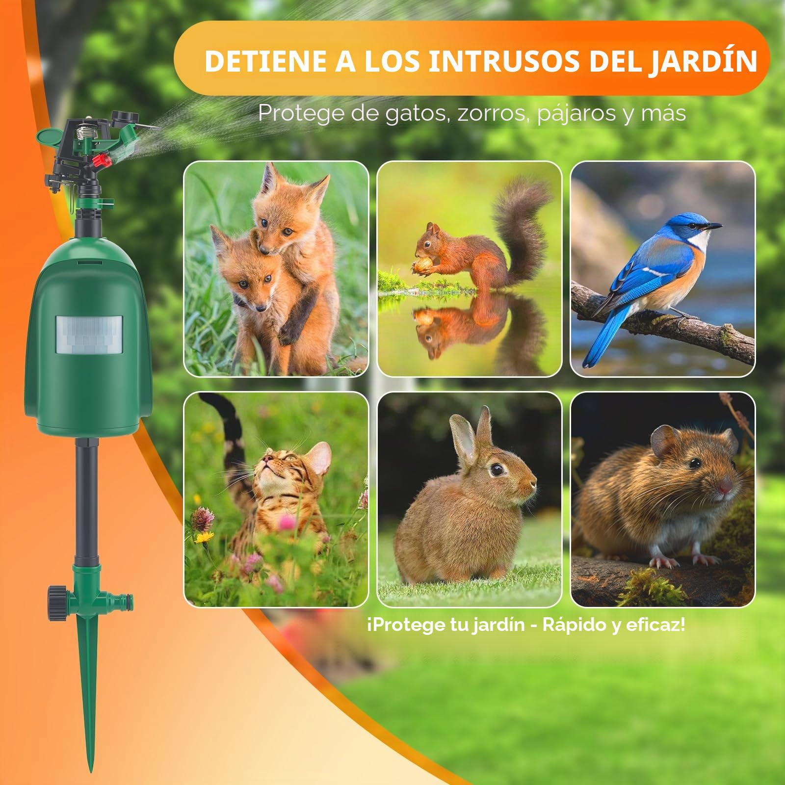 Ahuyentador de Animales por Agua, Aspersor de Agua para Jardín y Estanque con Sensor de Movimiento PIR, Alcance de hasta 10 m, Repelente Plagas para Ahuyentar Gatos, Palomas, Zorros y Pájaros