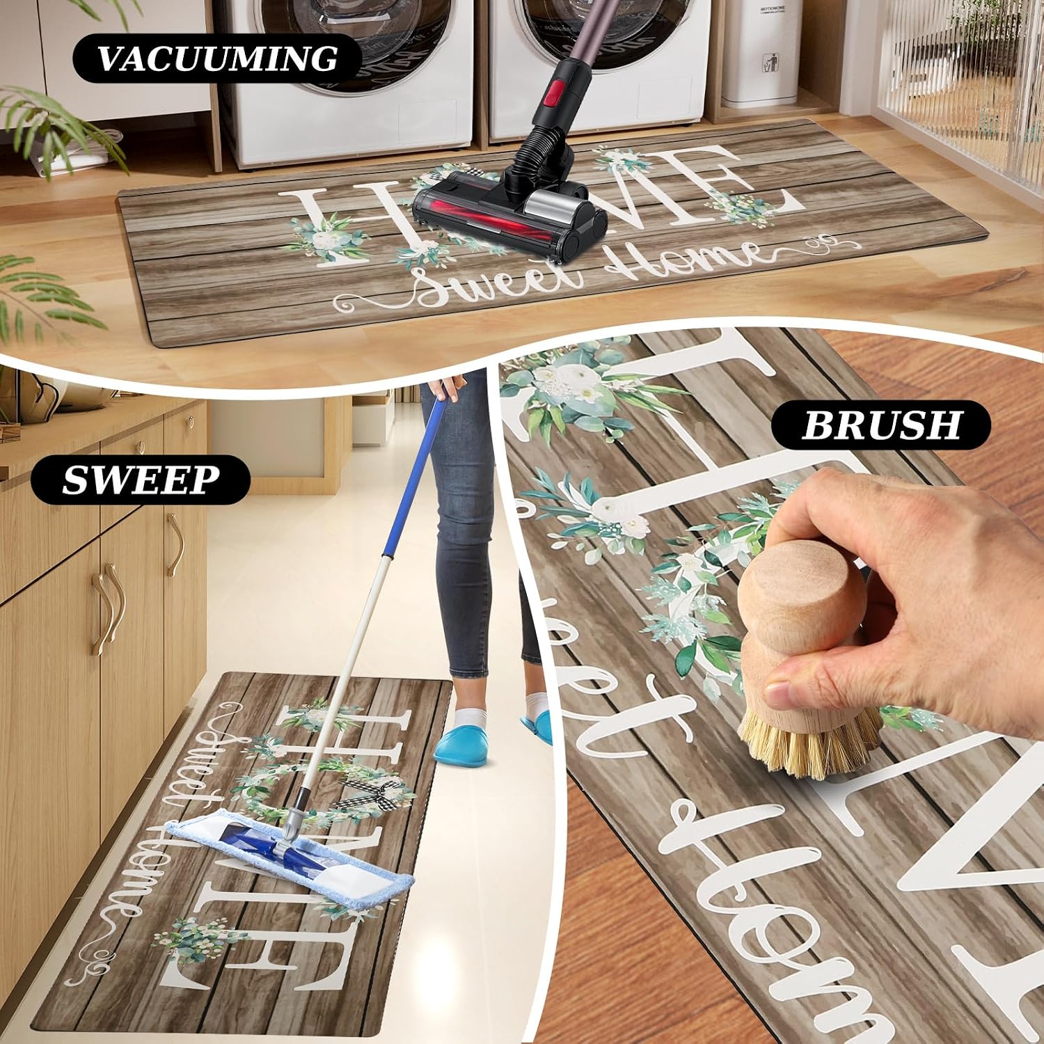 XLHOMO Home Kitchen Runner Rugs of 3, Non Slip Cushioned Kitchen Mat for Floor Waterproof Comfort Rugs and Mats Farmhouse Chef Mats Floor Carpet for Sink,Laundry Room