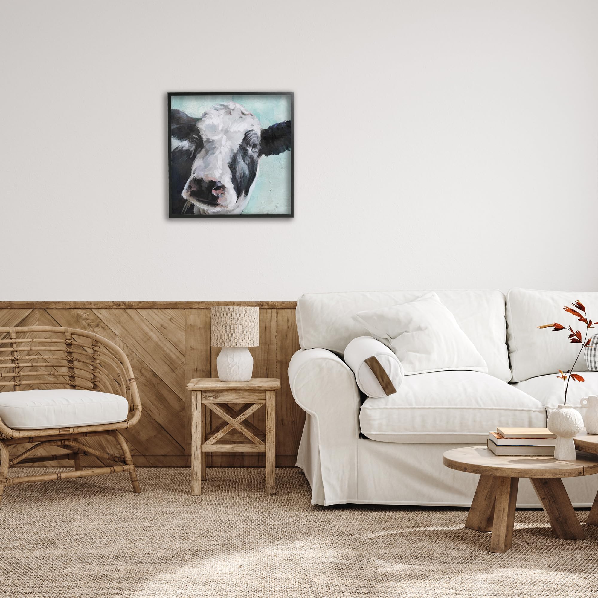 Stupell Industries Gentle Farm Cow Painting on Blue, Design by Main Line Studio Black Framed, 24x24