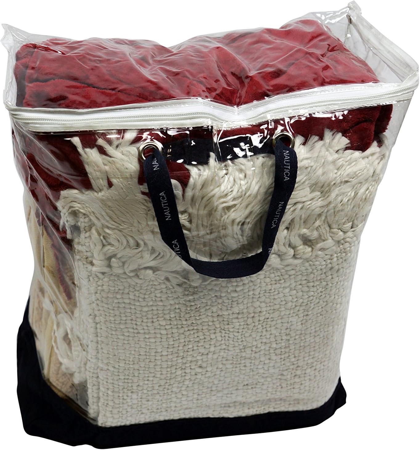 Emerald Wholesale Nautica Clear Blanket Comforter Storage Bag Tote with Fabric Handles and Bottom, Large