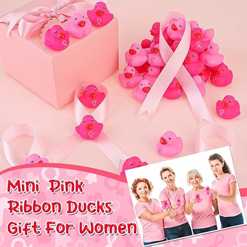 Miniatura 5 de Deekin 100 patos de goma a granel con cinta rosa, patos de baño, concienciación sobre el cáncer de mama, mini patos de 1.57 pulgadas, flotador de