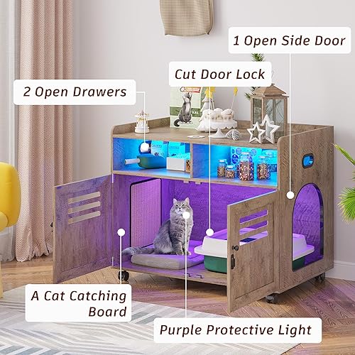 Miniatura 8 de FOMNEY Caja de arena para gatos, mueble oculto con cuerpo humano, 3 luces LED de color, jaula para gatos con 2 cajones abiertos y 1 puerto USB, casa