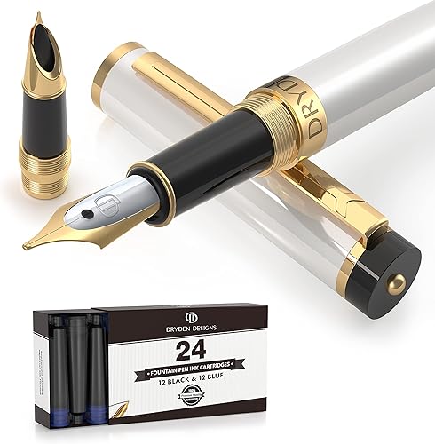 Dryden Designs Pluma estilográfica, punta media y fina, incluye 24 cartuchos de tinta y convertidor de recarga de tinta, bolígrafo de caligrafía,