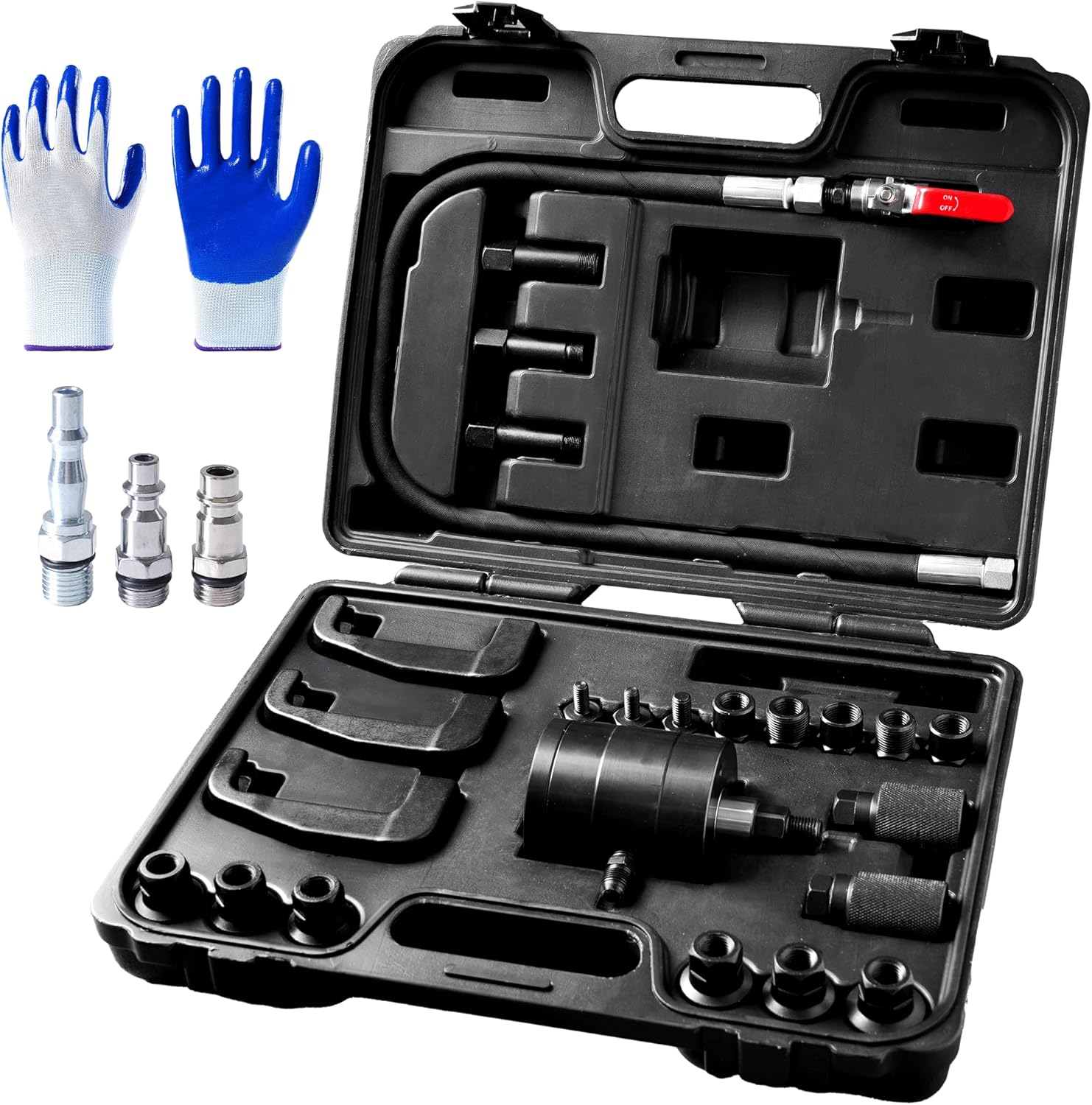 27PCS Pneumatic Injector Puller Set for Diesel, 5–8 Bar Air Powered Injector Removal Tool Kit with 19 Adapters, 3 Puller Hooks & 3×1/4" Connectors (US/UK/EU), Heavy-Duty Injector Extractor Kit