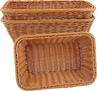 3 Pack Rectangular Wicker Bread Baskets, 30 x 20 x 10cm Poly Wicker Serving Basket for Fruit, Vegetable