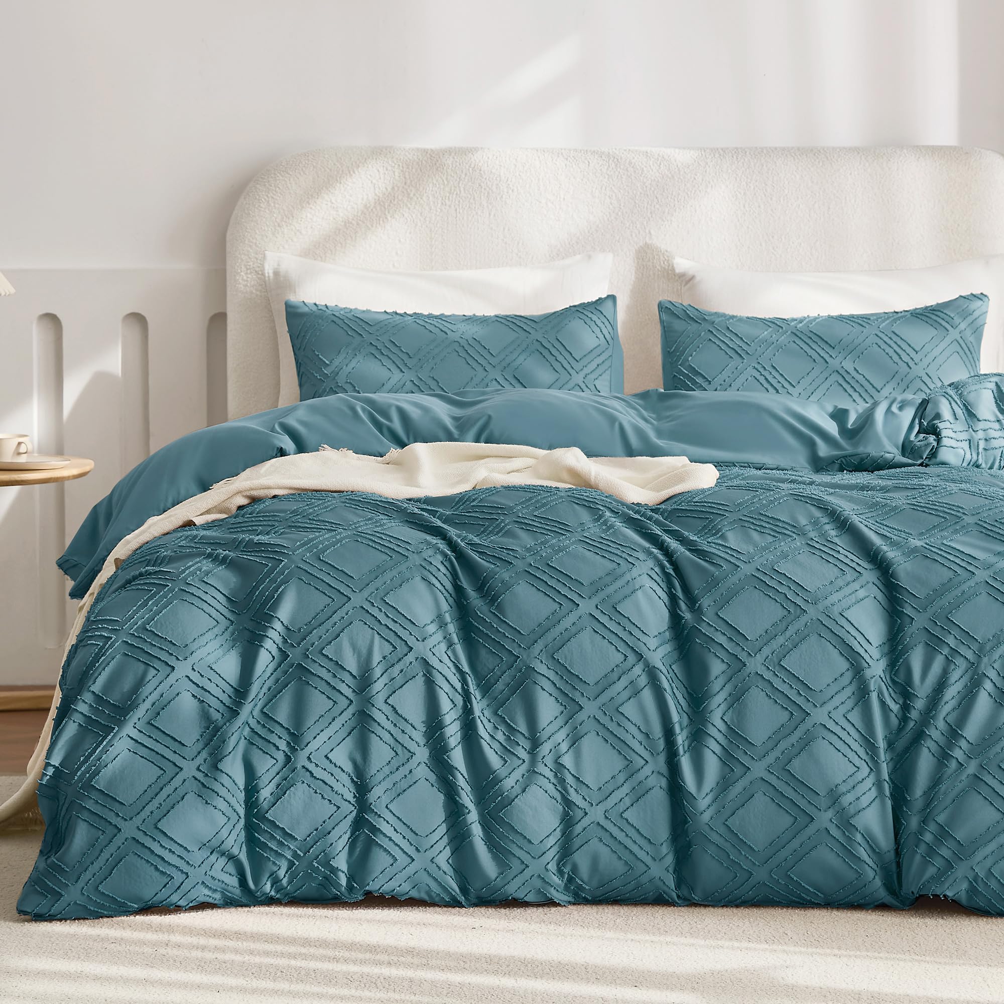 JELLYMONI Duvet Cover Full Size Grayish Blue - 3PCS Boho Duvet Cover Set Plaid Polyester Tufted Bohemian Jacquard Knit Textured Comforter Cover 80×