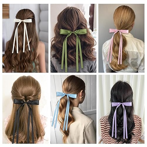 Miniatura 5 de 8 pinzas de lazo para el pelo para mujeres, niñas, cinta de borla, pinzas para el pelo con cola larga, pasadores de borla de satén sedoso con cola
