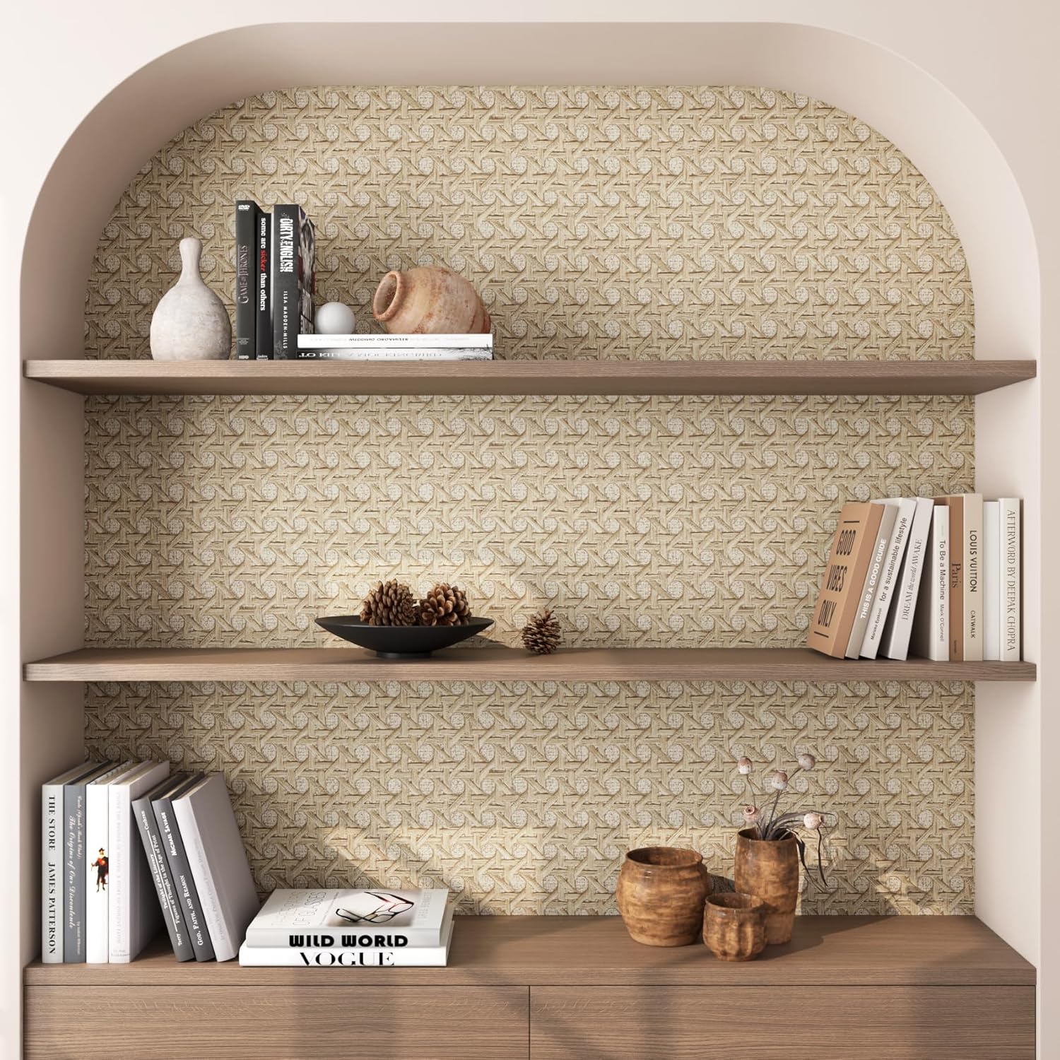 24in×16.5ft Beige Wallpaper Stick and Peel Natural Faux Rattan Can Webbing Wallpaper Removable Rattan Cane Contact Paper Waterproof Non Textured Woven Wall Paper for Walls Bedroom Bathroom