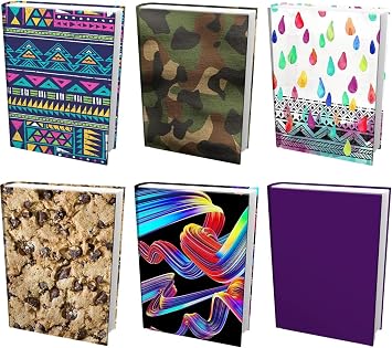 Easy Apply Stretchable Book Cover 6 Pack Design. Jumbo Book Covers Fit Hardcover Textbooks Up to 9" x 11". Adhesive-Free, Nylon Fabric Jackets. Washable, Reusable Student School Supply