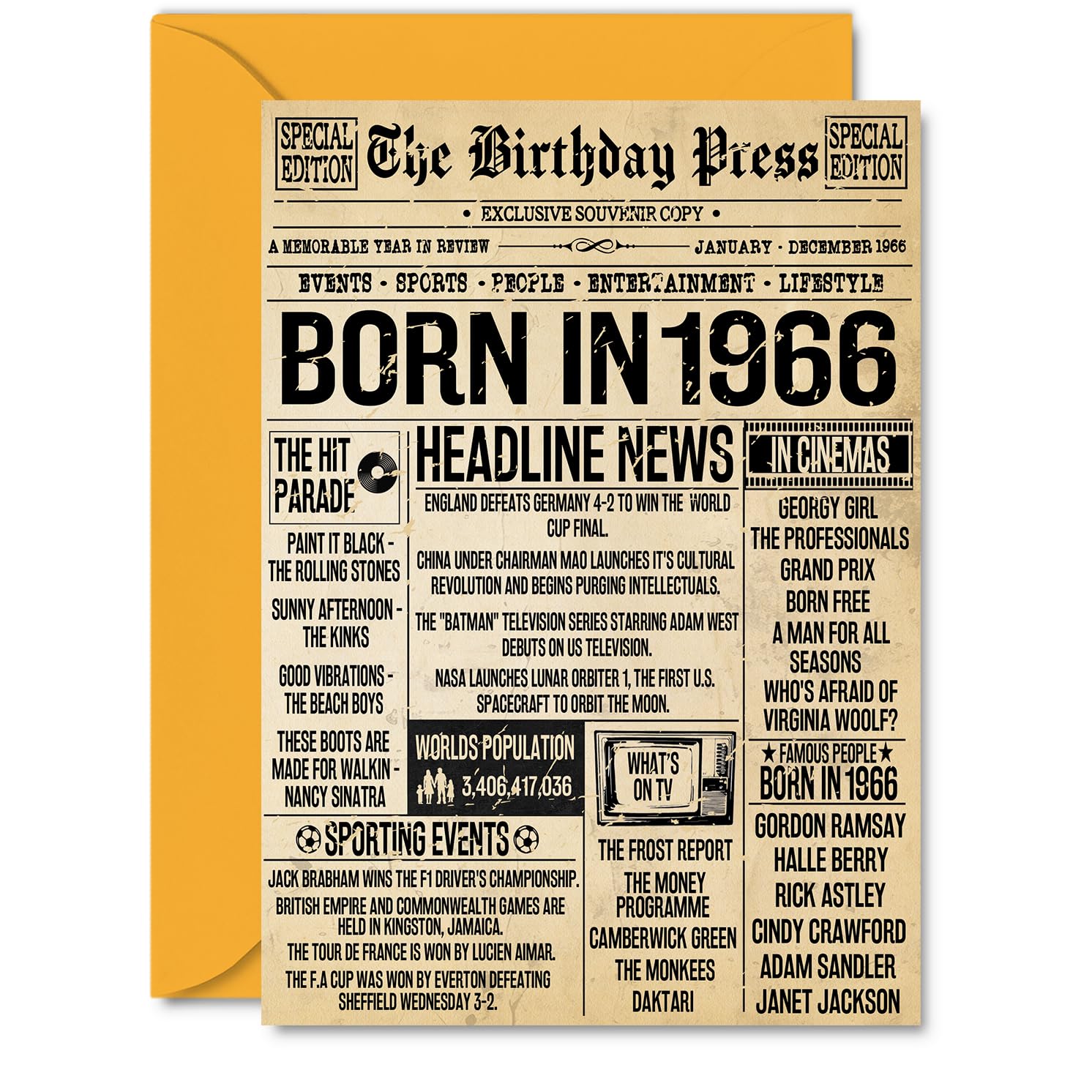 60th Birthday Card for Men Women - Bday Press Newspaper 1966 - Happy 60 Birthday Cards for Uncle Colleague Nanny Husband Grandad Dad, A5 Bday Greeting Cards
