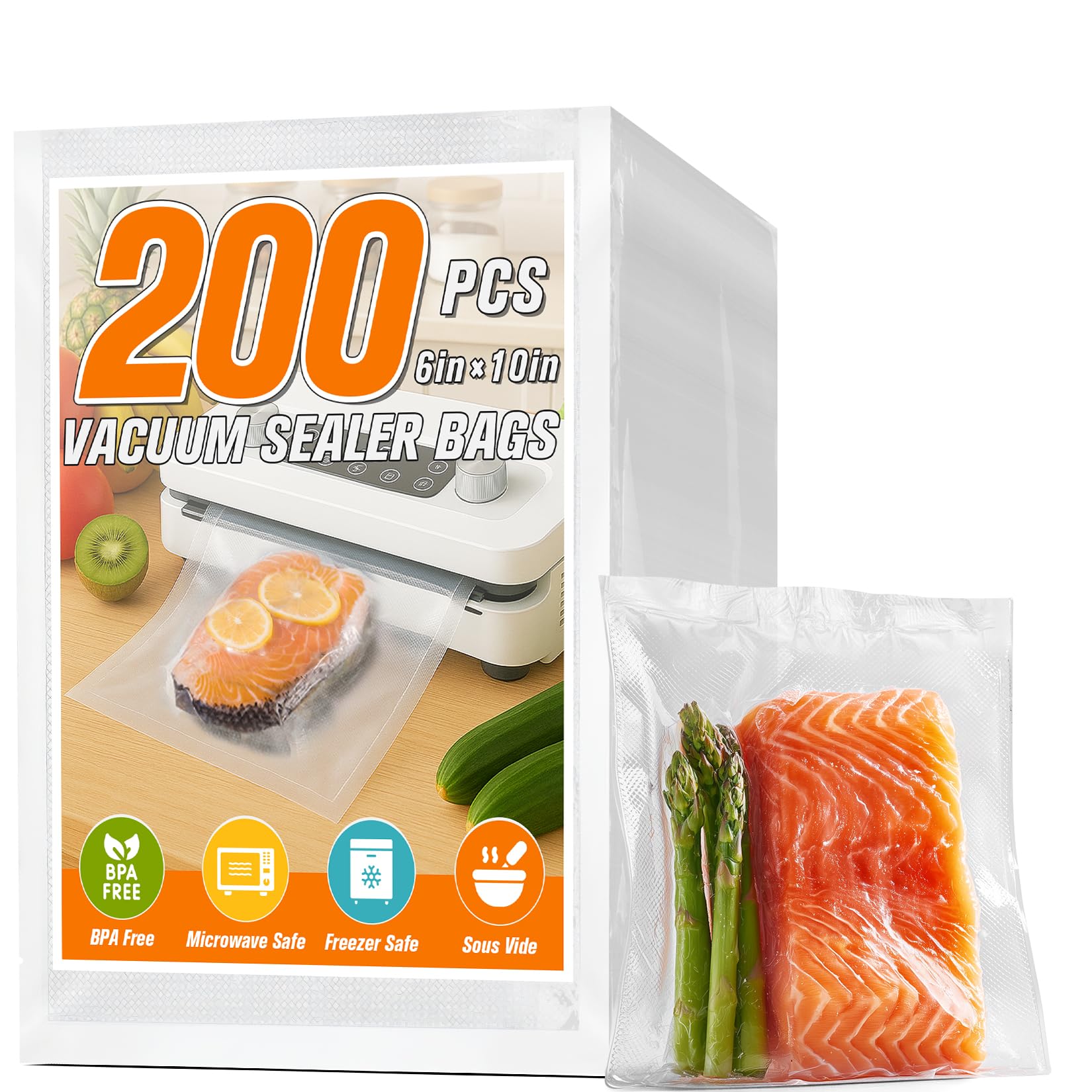 FUNFERY 200 Precut Pint 6" x 10" BPA-Free Vacuum Sealer Bags for Food