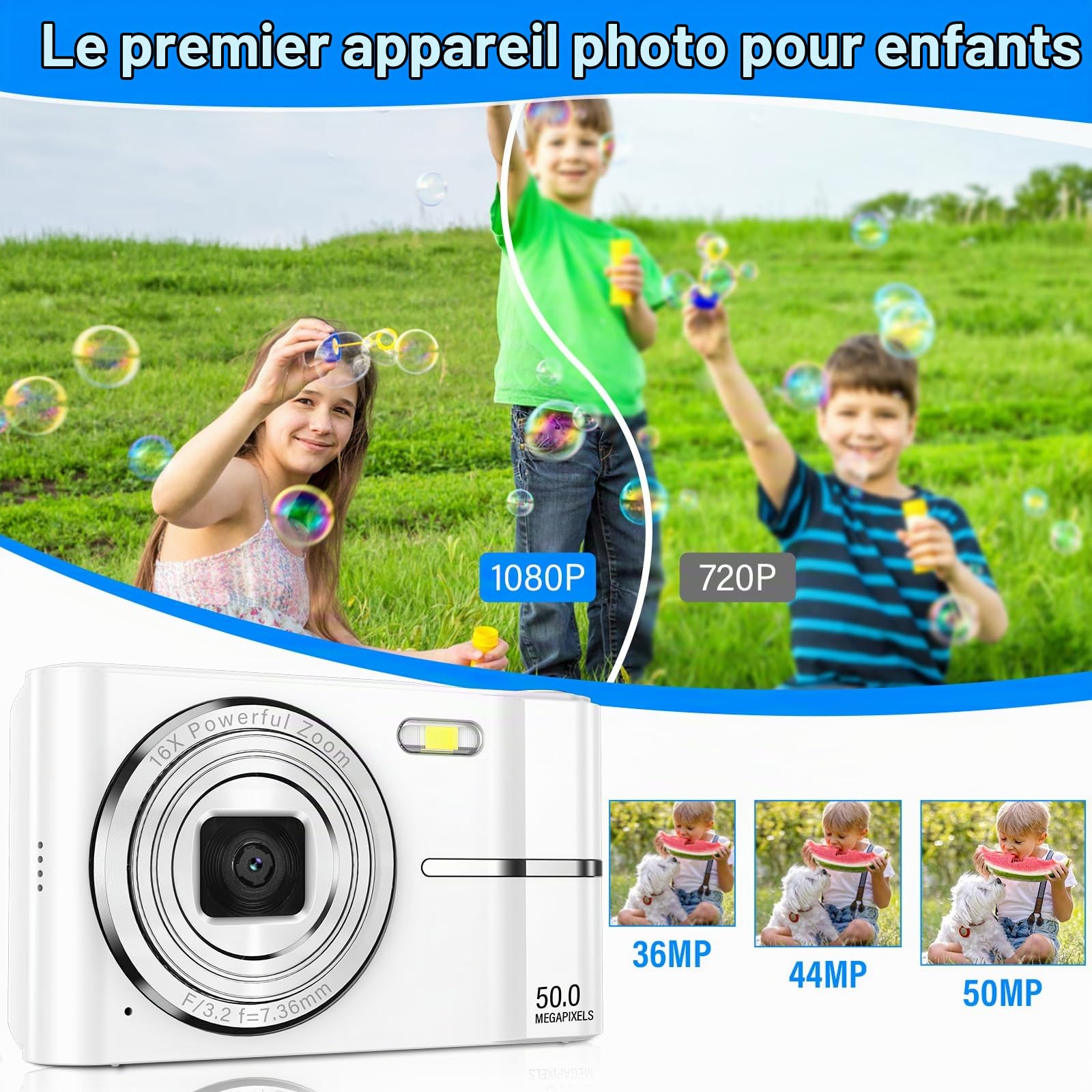 Appareil Photo Numérique 50MP 1080P FHD Compact Caméra avec Mise au Point Automatique Digital Camera avec Zoom Numérique 16X Carte SD de 32 Go pour Étudiant Adulte Débutant Cadeau (Blanc)