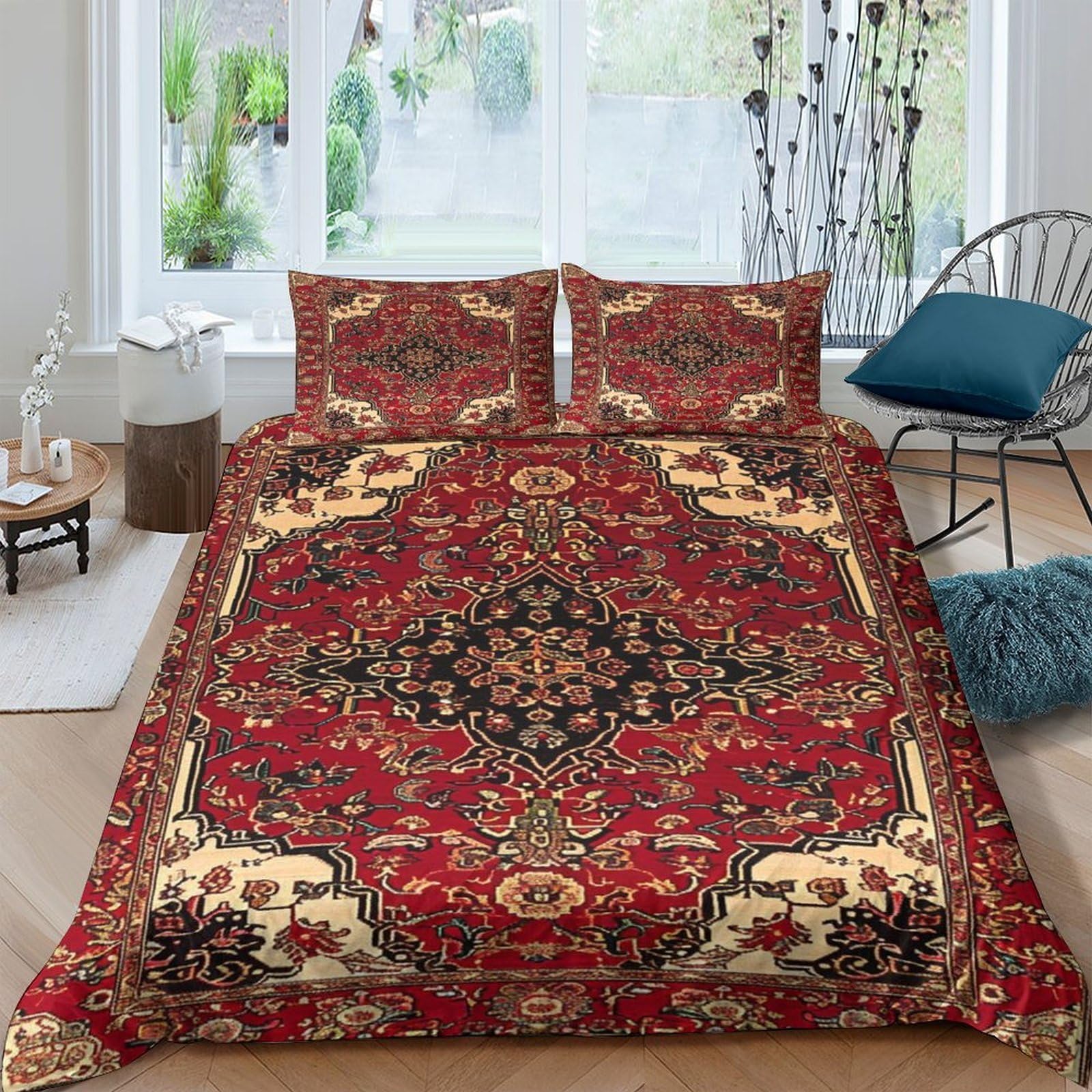 GPLZQXKJNH 3D Printed Persian Red Vintage Duvet Cover Microfiber Soft Decorative Oriental Bedding Set with 2 Pillowcases for Bedroom Home Single（135x200cm）