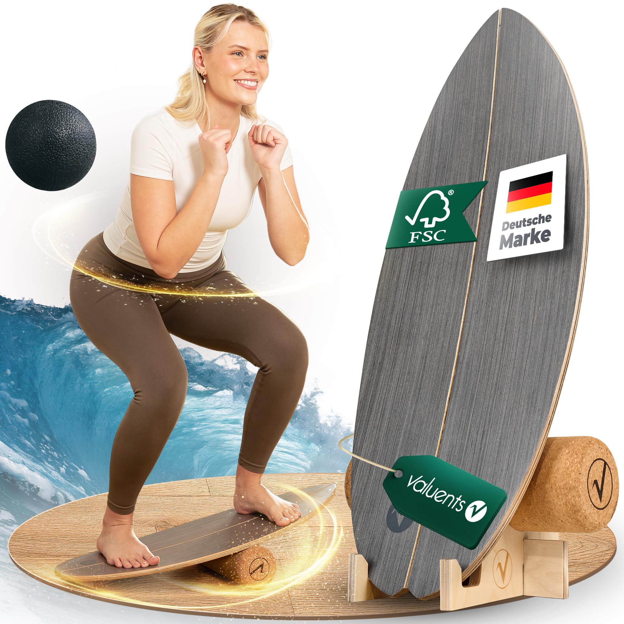 Balance Board aus Holz in – mit abgerundeten Ecken – inkl. Rolle für Neuromuscular Response Training +Plus: Halterung & Ball