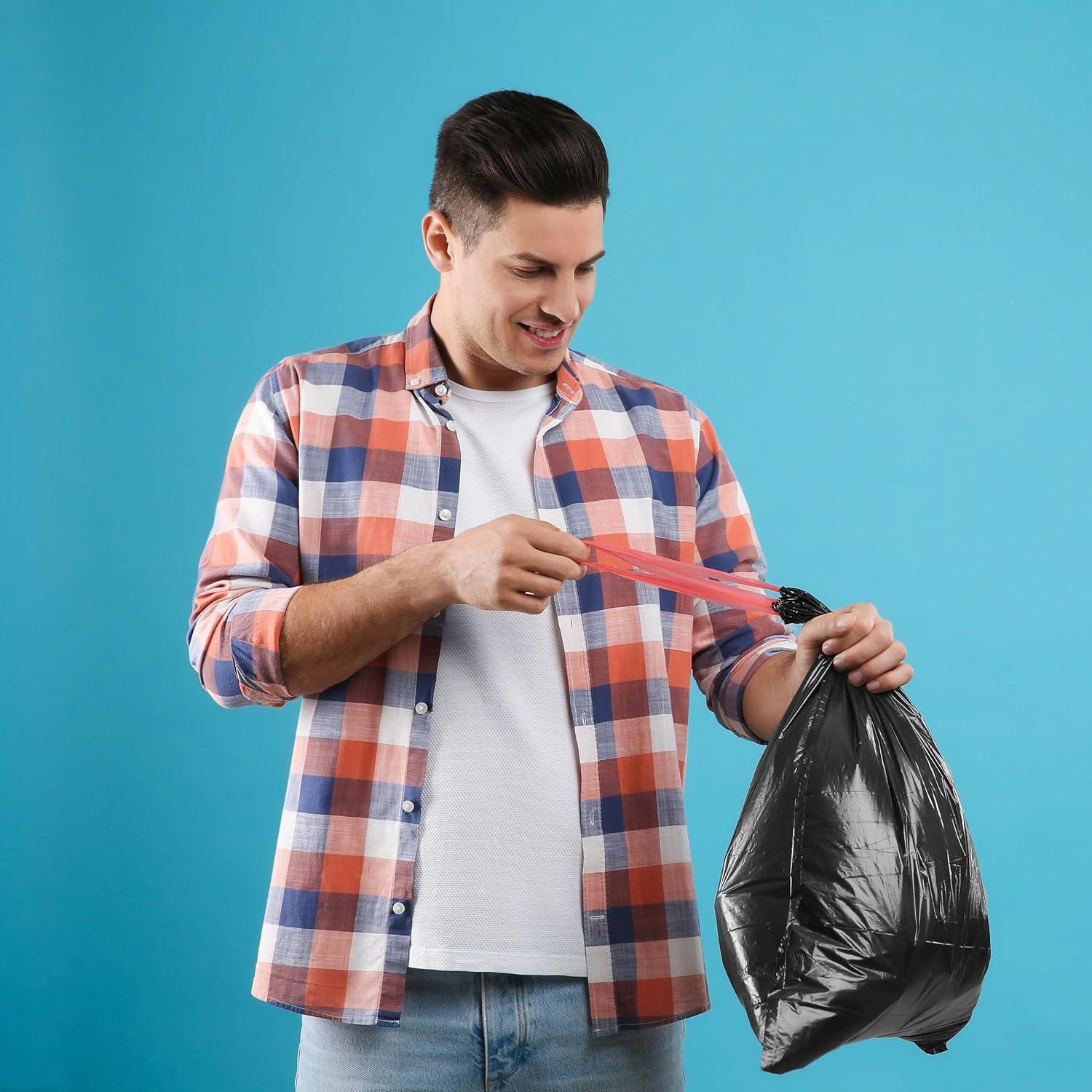 D.RECT 50 x 35L Trash Bags with String for Recycling, Black