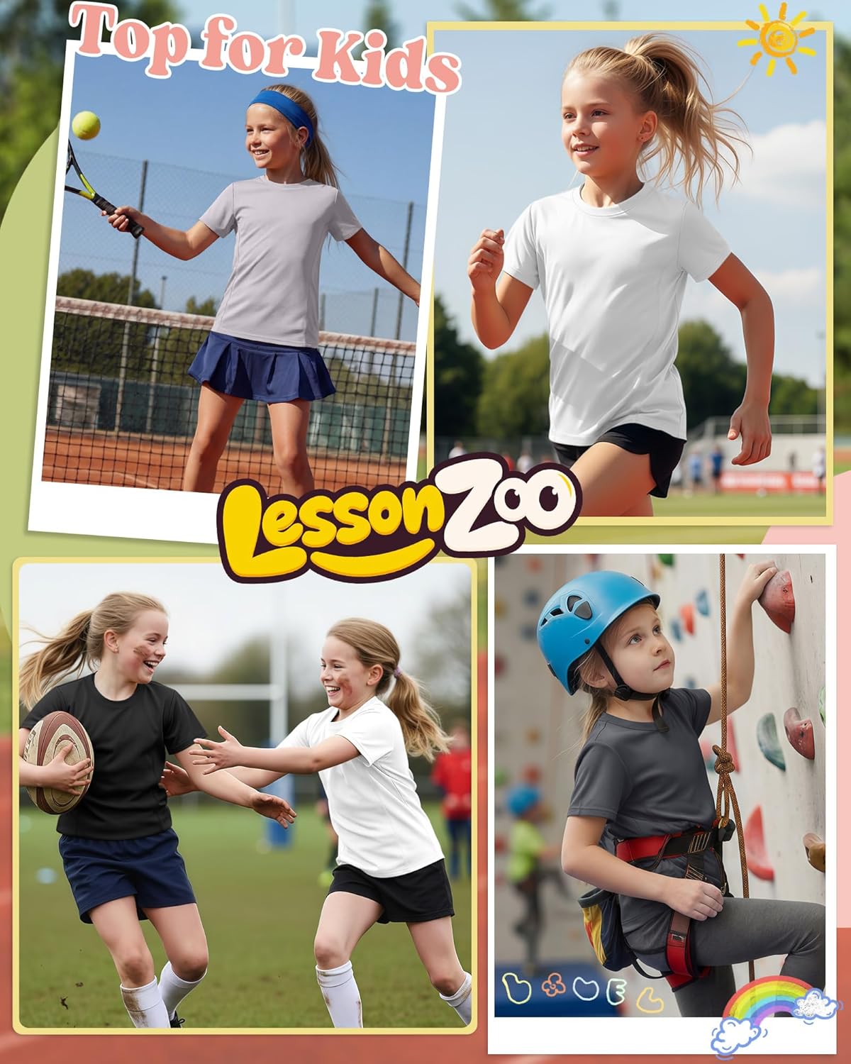 4 Pack Girls' Athletic Shirts Short Sleeve Quick Dry Active T-Shirt Summer Crew Neck Sports Activewear Top for Kids