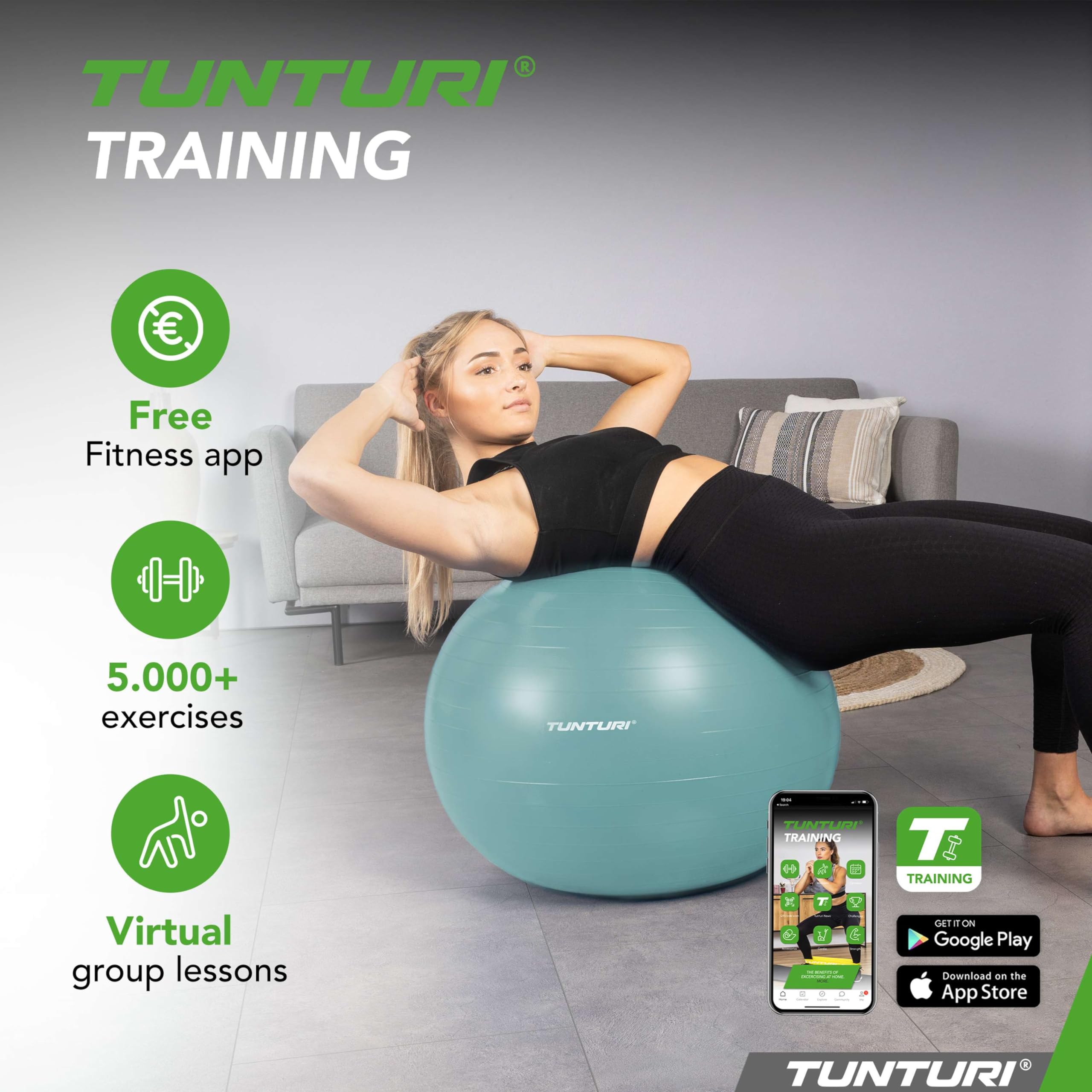 Tunturi Anti Burst Fitness Ball avec Pompe - Ballon de Yoga de 90 cm - Ballon de Pilates - Ballon de Grossesse – Poids utilisateur de 220 kg - INCL Application d'entraînement – Pétrole