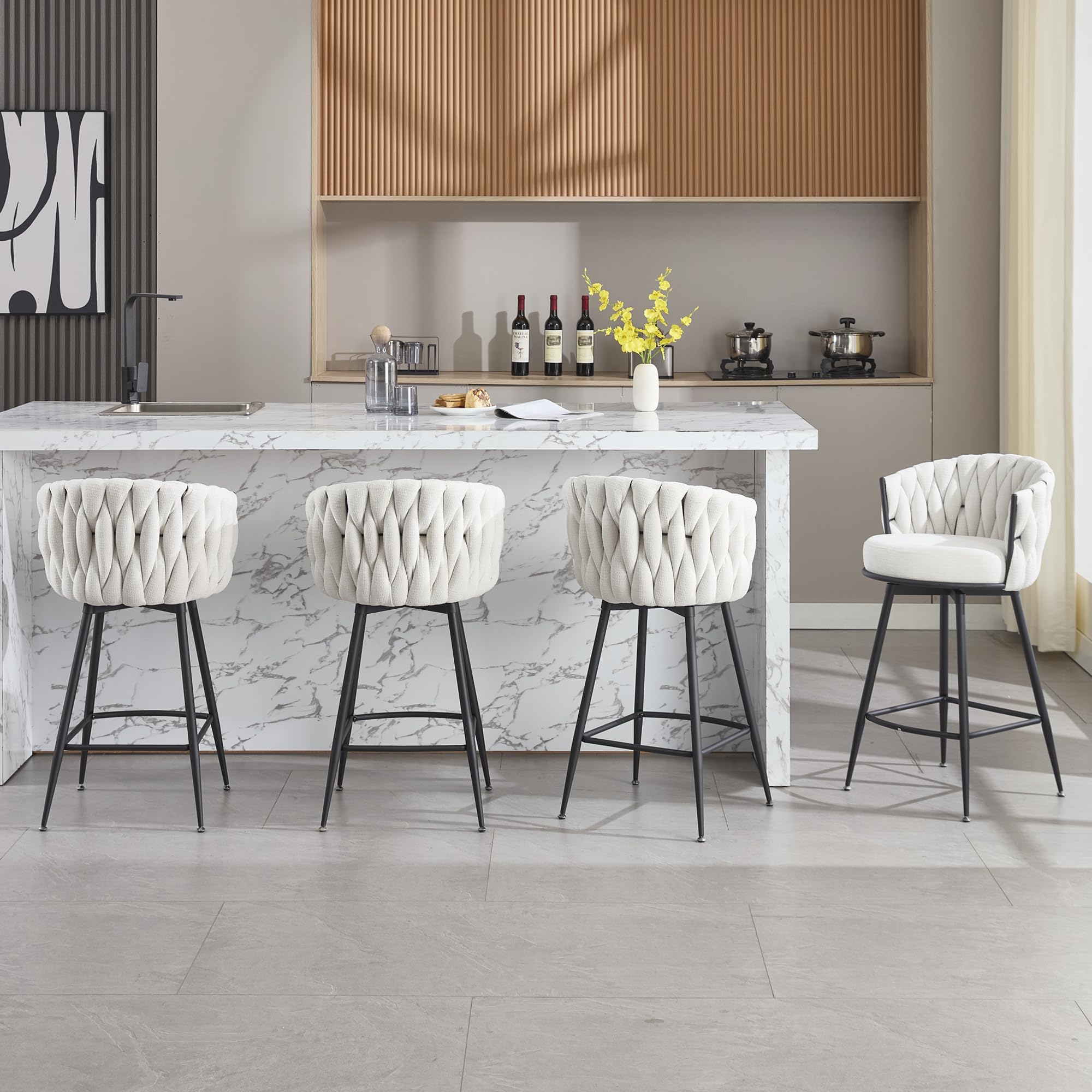 BFZ Bar Stools Set of 4 for Kitchen Counter, 26 inch Modern Fabric Counter Height Barstools, 360°Swivel Bar Chairs Stools with Woven Back and Footrest