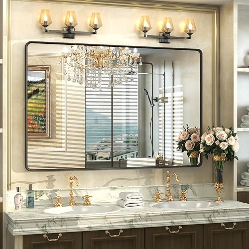 Miniatura 20 de OKPAL Espejo de Baño con Marco de Metal Negro de 40 x 36 Pulgadas para Pared, Espejo de Tocador de Baño Negro Mate, Espejo Rectangular Redondeado