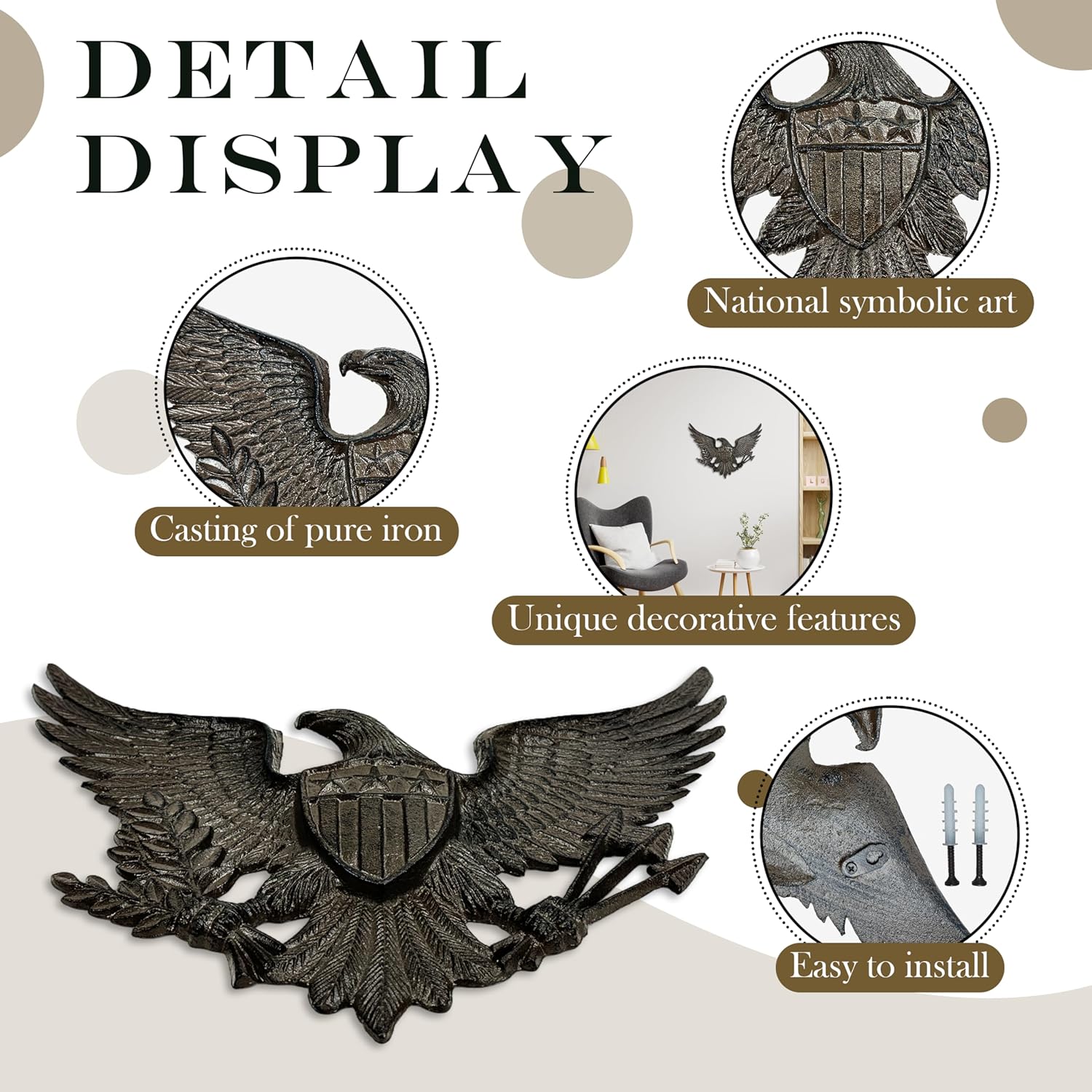 Linton Arts Cast Iron Black Eagle Wall Decor, Outdoor Metal Eagle Statue for Wall Art, Patriotic Decor with Shield, Indoor Outdoor American Wall Hanging【eagles wall decor】
