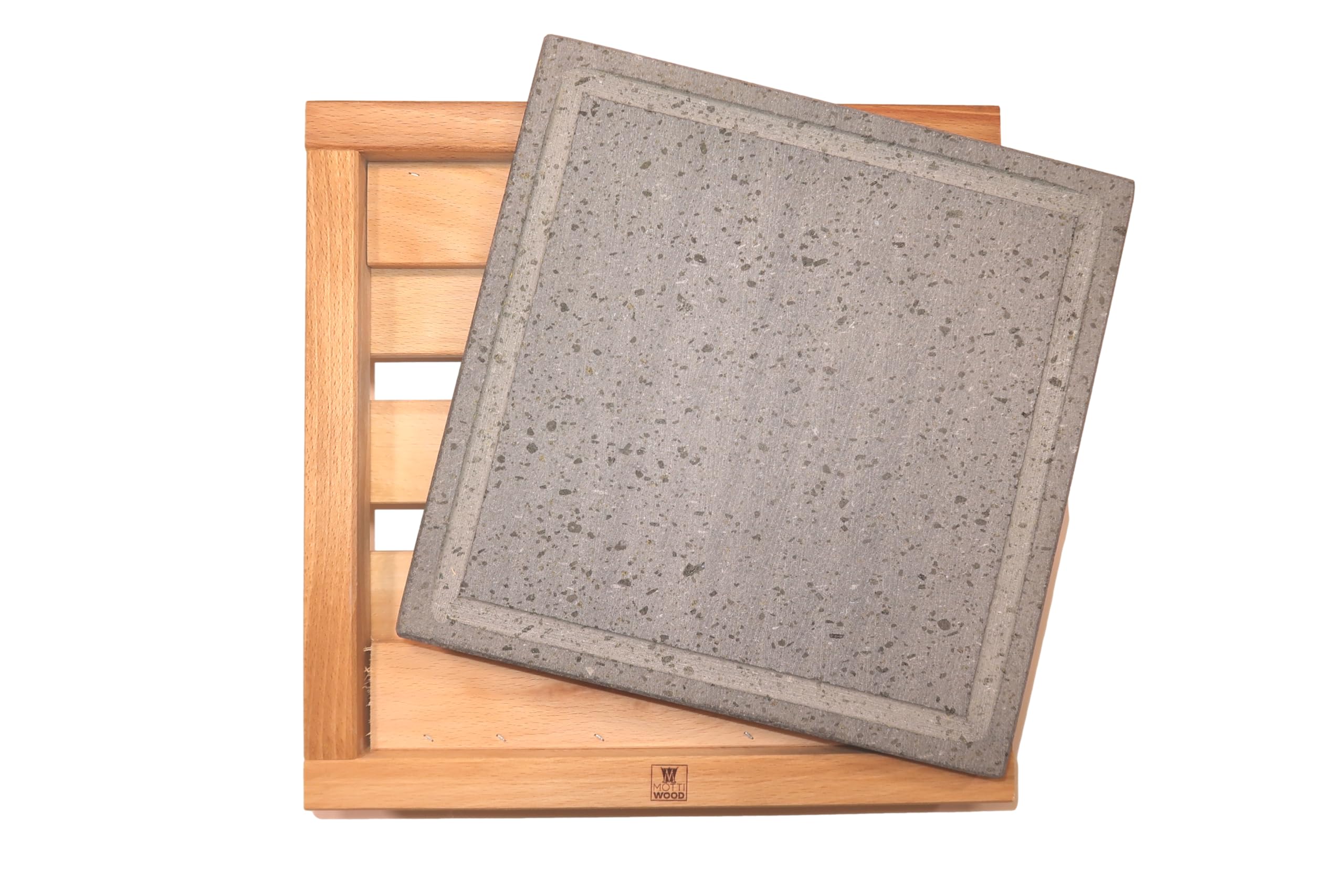 Pietra Lavica Siciliana S, Dimensioni 22x30x1H cm, Con Supporto Legno Faggio, Estraibile, Piastra Refrattaria per Cucinare