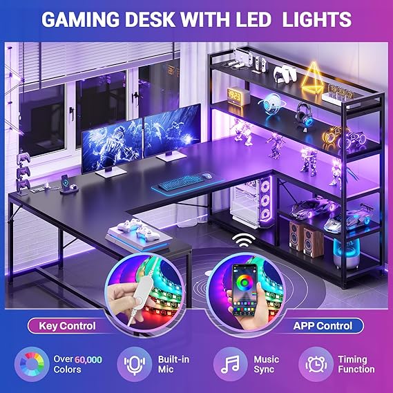 SEDETA L Shaped Gaming Desk, 63'' Reversible Computer Desk with Power Outlet and Storage Shelves, Corner Gaming Desk with LED Lights, Bookshelf for Home Office, Black