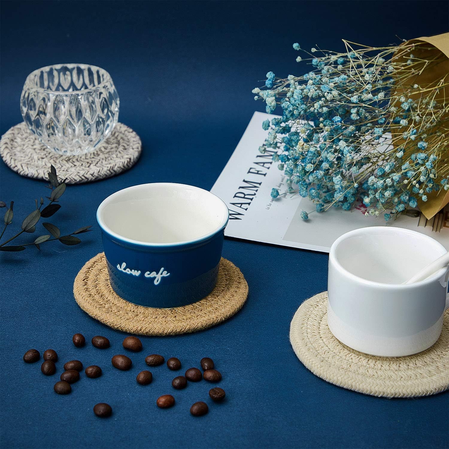 12 Pieces Braided Cup Coasters Round Woven Coasters Drink Absorbent Woven Coasters Hot Pads Mats for Drink Home Kitchen (Light Color)