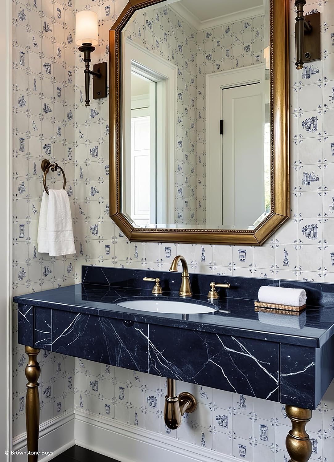 NuWallpaper x Brownstone Boys Brooklyn Delft Navy Peel and Stick Wallpaper, BBS6547