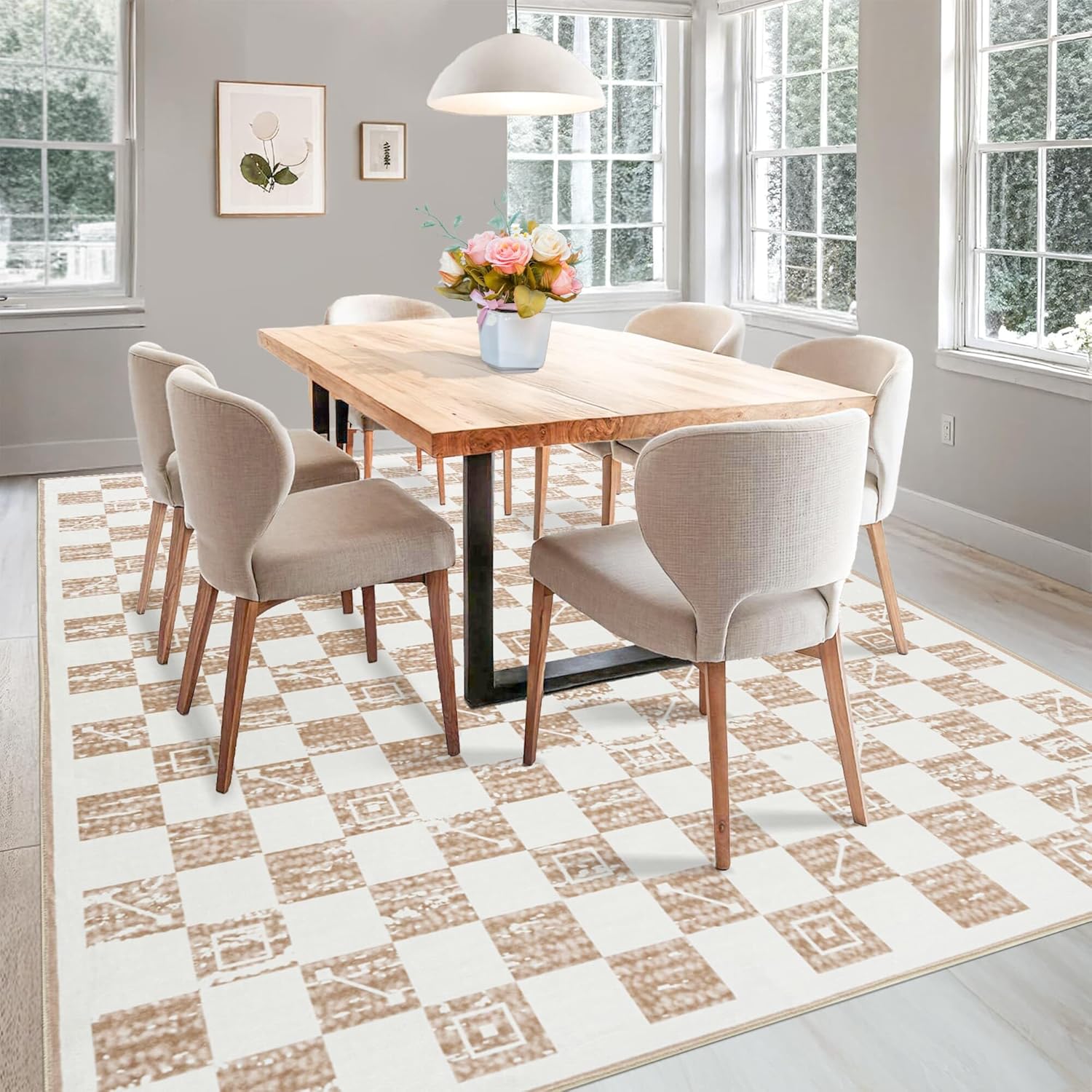 CocoHouse 5x7 Plaid Rug Beige - Checkered Rug with Non Slip Backing, Modern Rugs for Living Room Low Pile, Washable Area Rugs for Bedroom, Dining Room, Nursery - Image 7