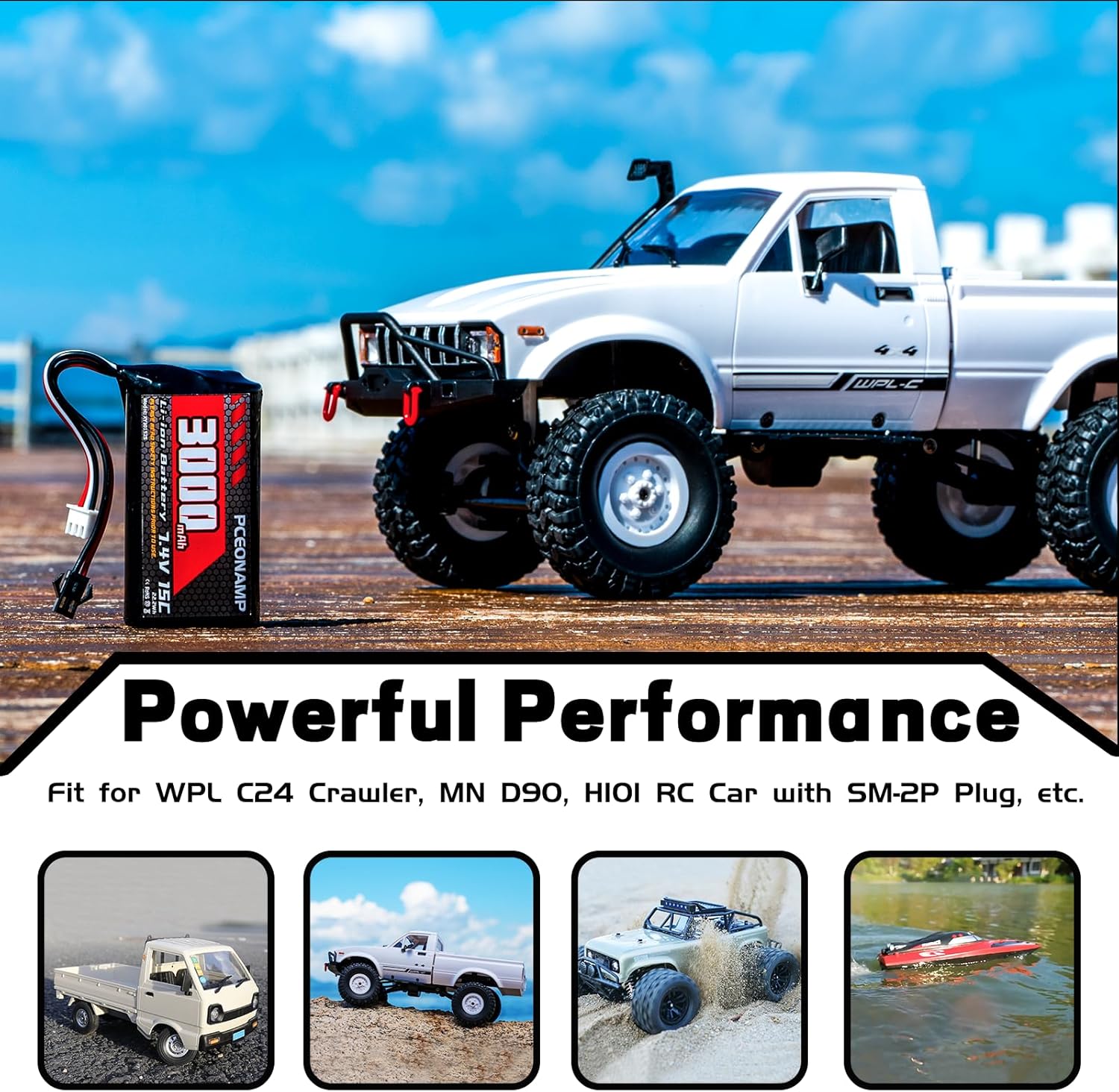 7.4V Li-ion Battery 3000mAh 2S Battery with SM-2P Plug Rechargeable High Capacity RC Battery Fit for WPL C24 MN D90 RC Cars, H101 RC Boat RC Truck Batteries with 2 USB Charger