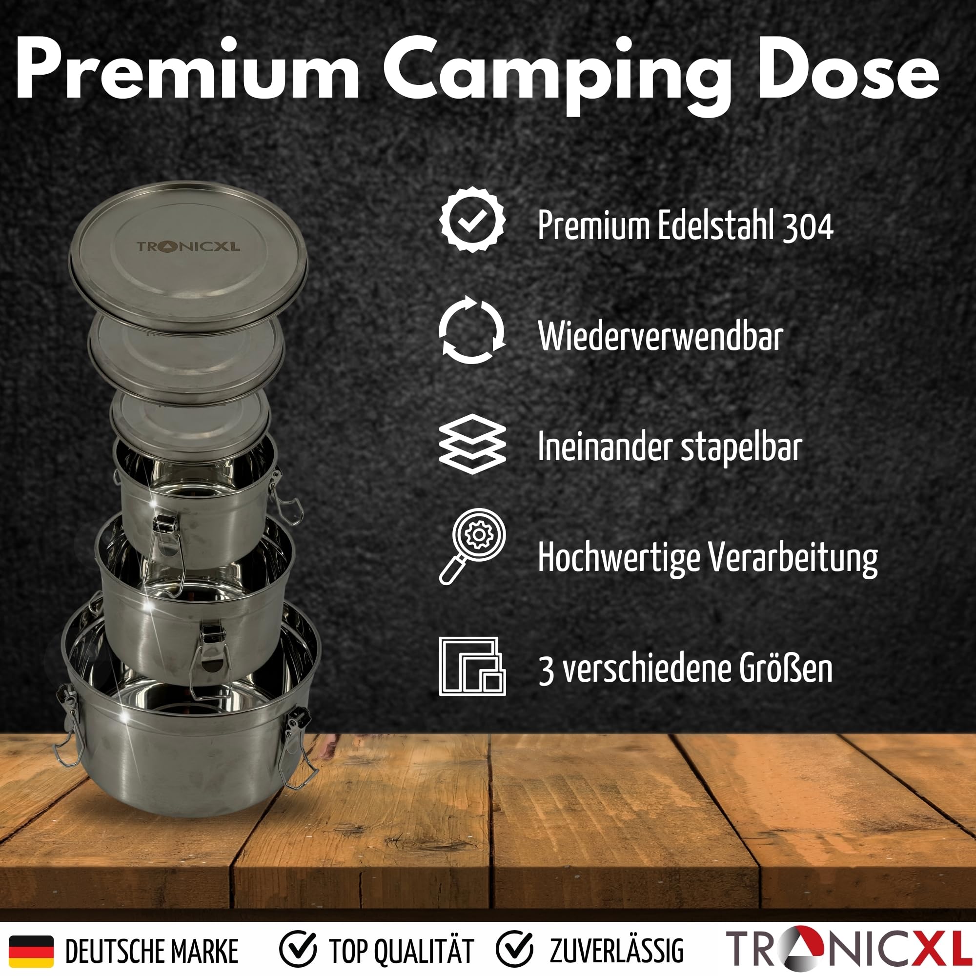 TronicXL Premium Lunchbox Edelstahl Behälter Mit Deckel 3er Pack Behälter für Camping Küche Brotdose Lunchbox Gemüse Fleisch Käse Dichtung auslaufsicher Frischhaltedose Metall