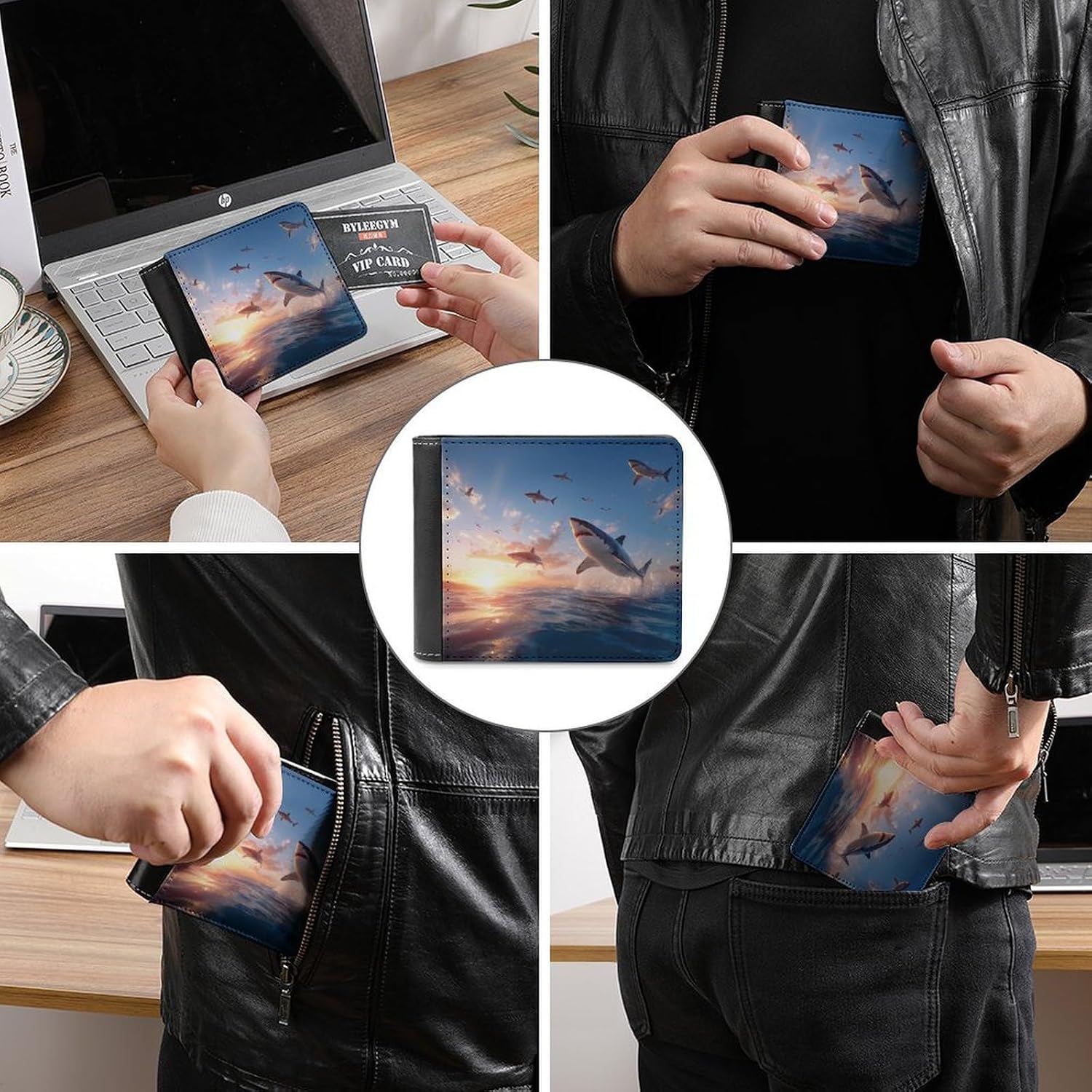 Sharks in The Ocean Sunset Novelty Wallet Soft Slim Front Pocket Bifold Purse with ID Credit Card Holder
