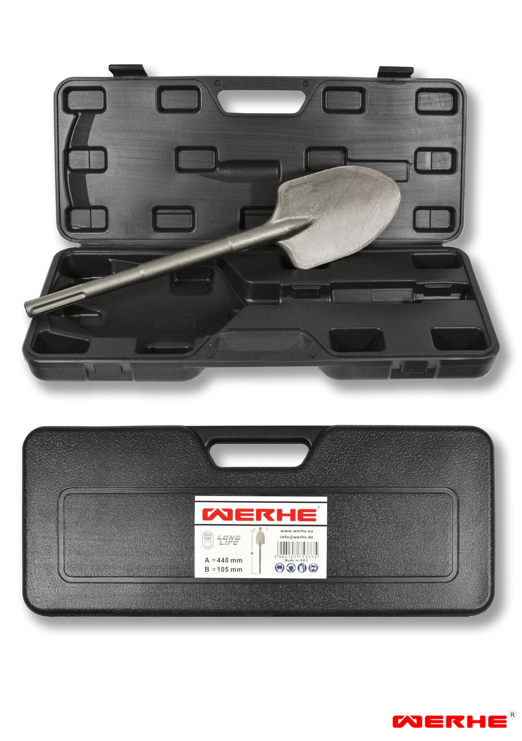 WERHE® Scalpello a punta professionale SDS Max 105 x 440 mm SDS Max Registrazione 18 mm per trapano martello martello scalpello custodia in plastica