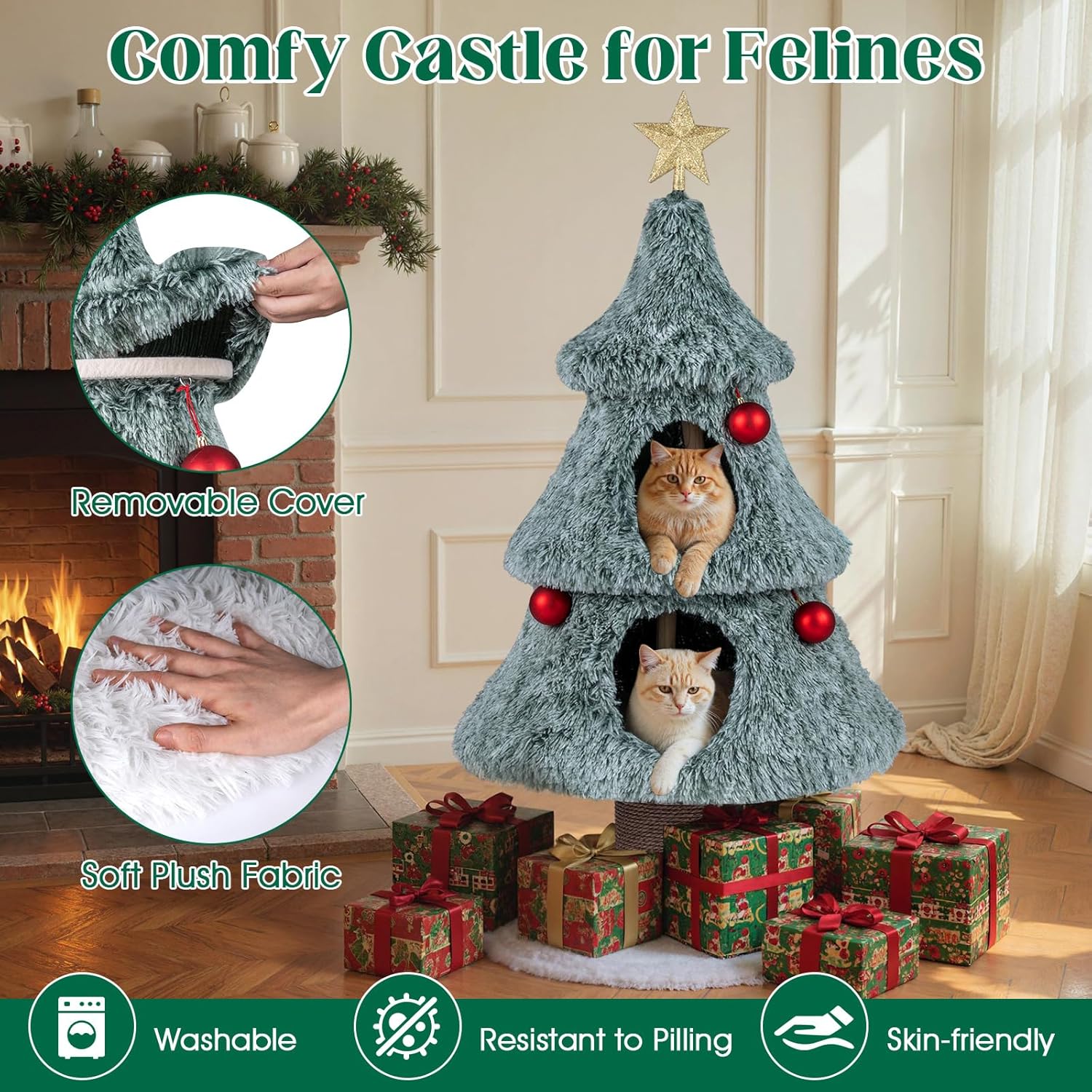 PETSITE 48.5 Inches Cat Christmas Tree, Cute Cat Tower with Scratching Post, 2 Comfy Condos and Decorative Festival Dangling Balls, Star-Shaped Ornament Sits at The Top, Soft Polar Fleece Covered