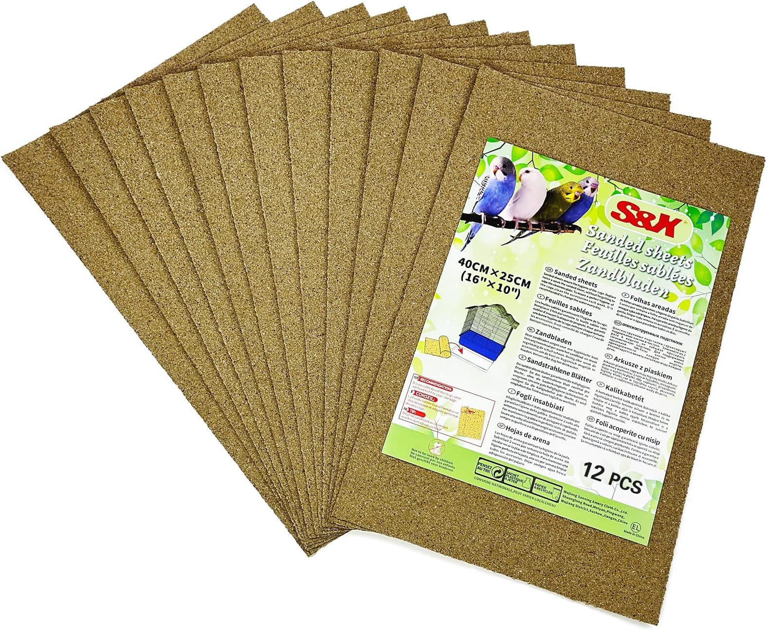 S&X Sand Sheets for Bird Cage 40cm x 25cm, Gravel Liner Paper 12-Pack
