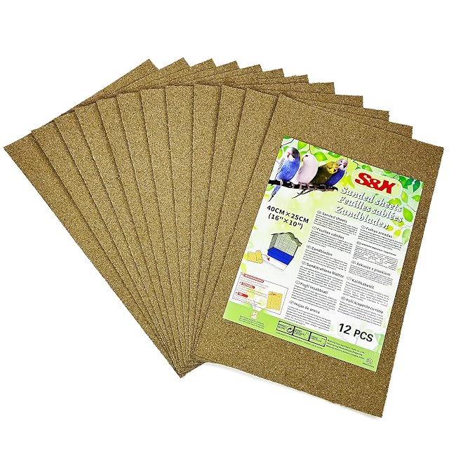 S&X Hojas de arena para jaulas de pájaros, 60 unidades por paquete, papel de lija de 40 cm x 25 cm