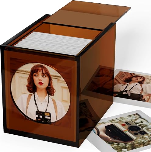 WINKINE Acrylic Polaroid Picture Frame and Photo Storage Box with Sliding Lid, Photo Frame for Polaroid Film 4.2’’ x 3.5’’, Polaroid Frame Box Storage for Polaroid i-Type/600/SX-70 Film, Amber, 1 Pack