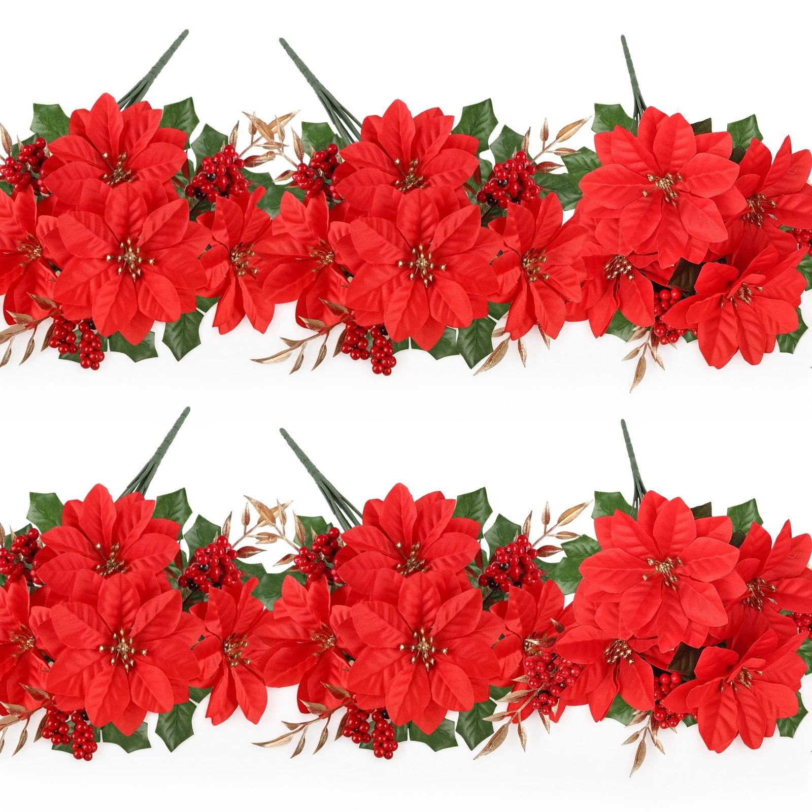 TYL&TYS 6 Bundles Artificial Poinsettia Flowers, Red Fake Christmas Flowers